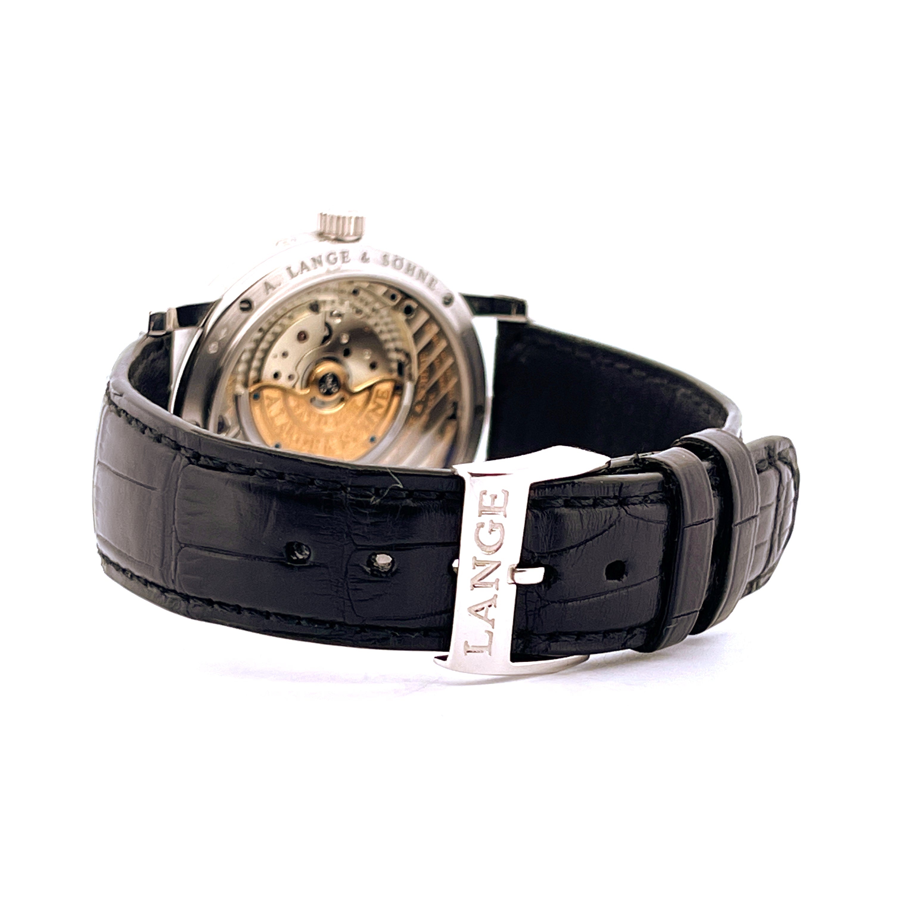 A. Lange & Söhne Langematik Perpetual Platin Rückseite mit guillochiertem Werk und Krokodillederarmband mit Schließe