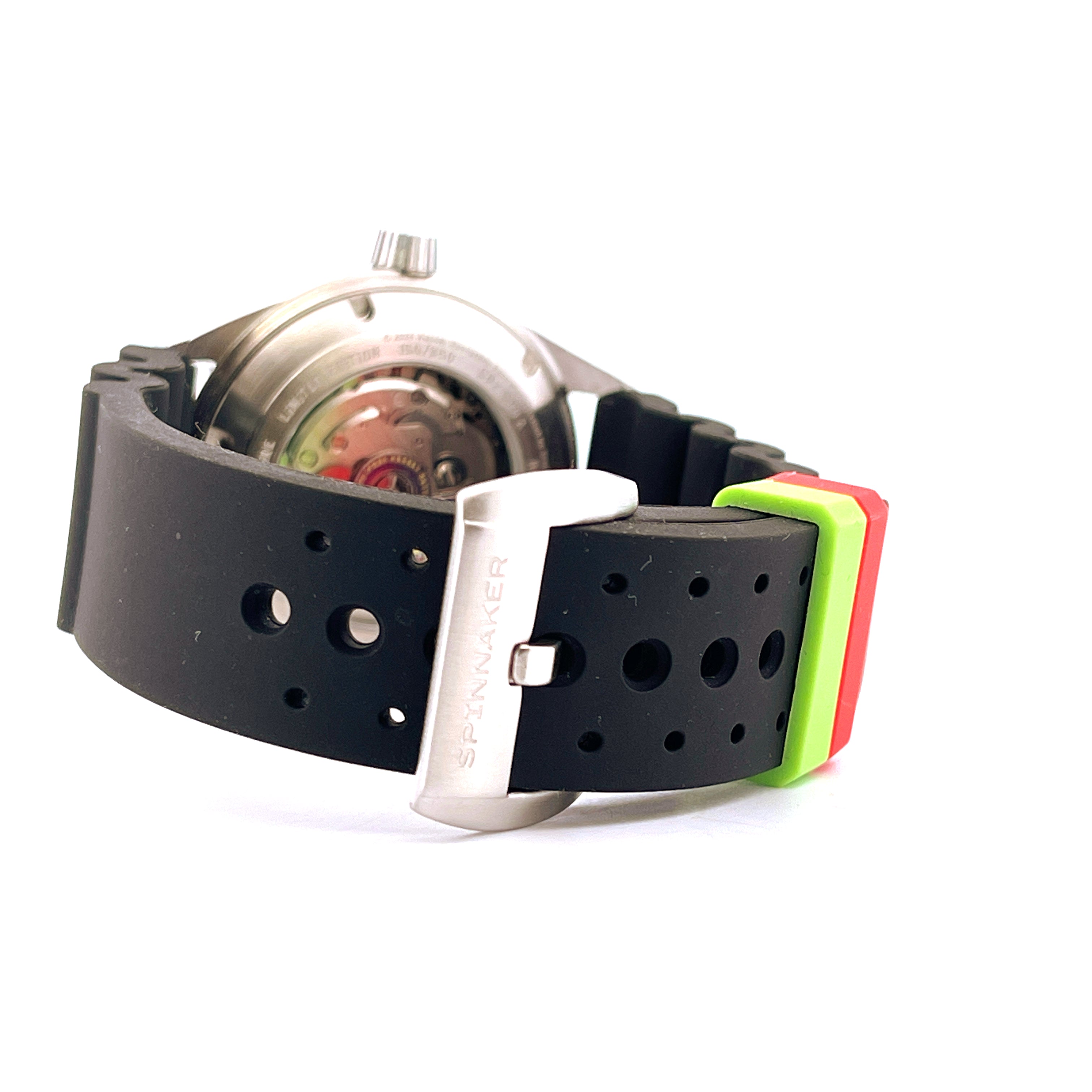 Spinnaker Cahill Automatic, Seitenansicht des schwarzen Kautschukarmbands mit farbigen Akzenten und Spinnaker-Schließe