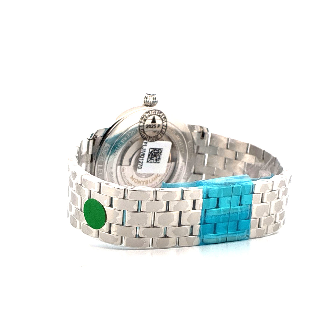 Montblanc Star Moonphase 42mm Edelstahlarmband und Gehäuse mit Schutzfolie auf weißem Hintergrund