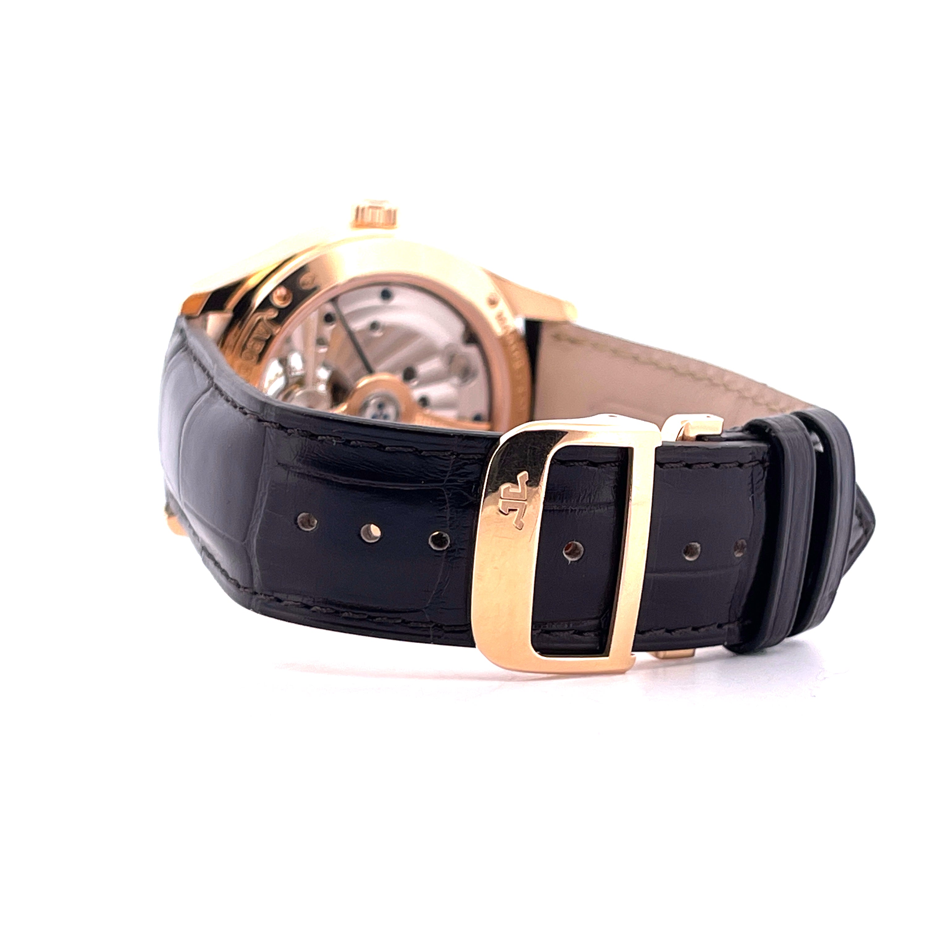 Jaeger LeCoultre Master Grande Tradition Rückansicht Roségold mit schwarzem Lederarmband und goldenem Dornschließe