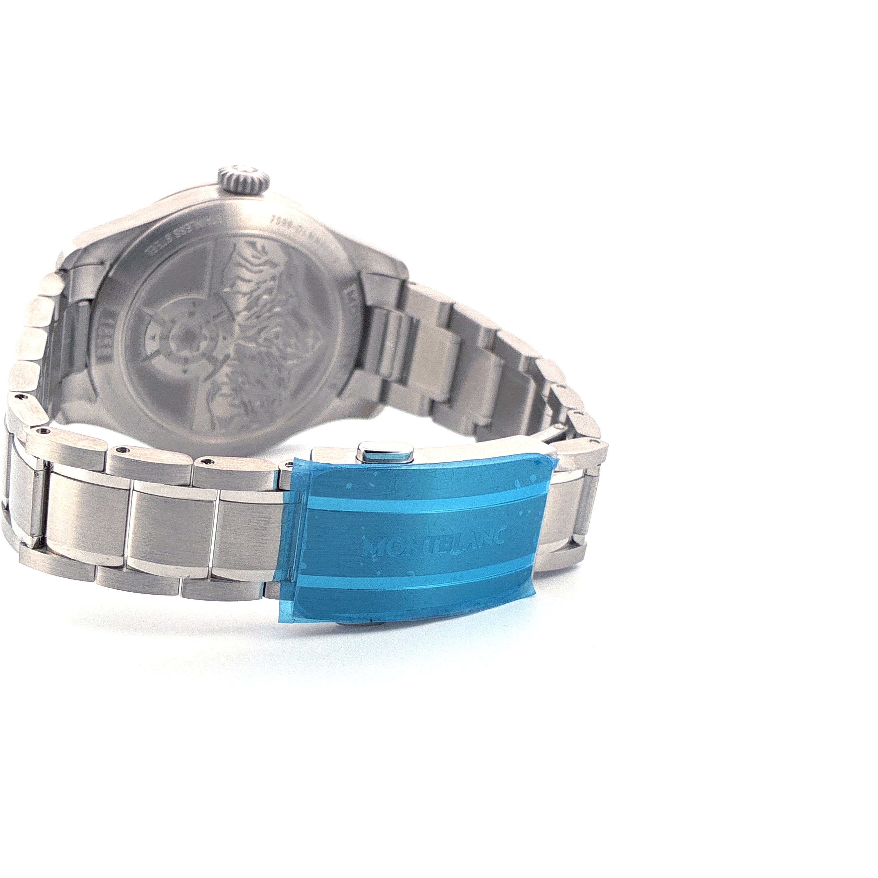 Montblanc 1858 Automatic Date 0 Oxygen: Rückseite mit Montblanc-Schriftzug auf blauer Schutzfolie