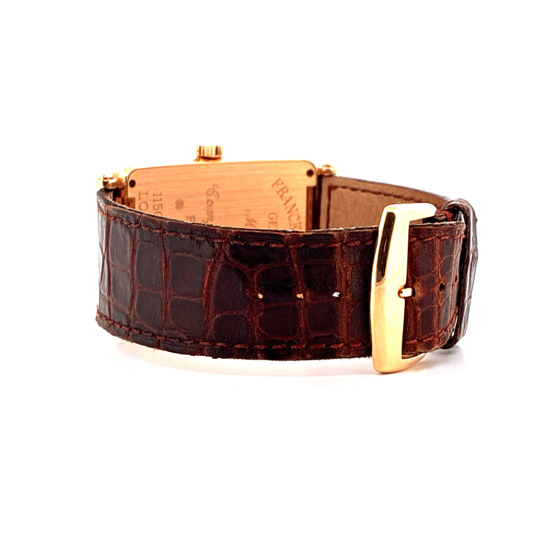 Franck Muller Long Island Roségold Uhr mit braunem Krokodilarmband und goldener Schließe von der Rückseite gesehen