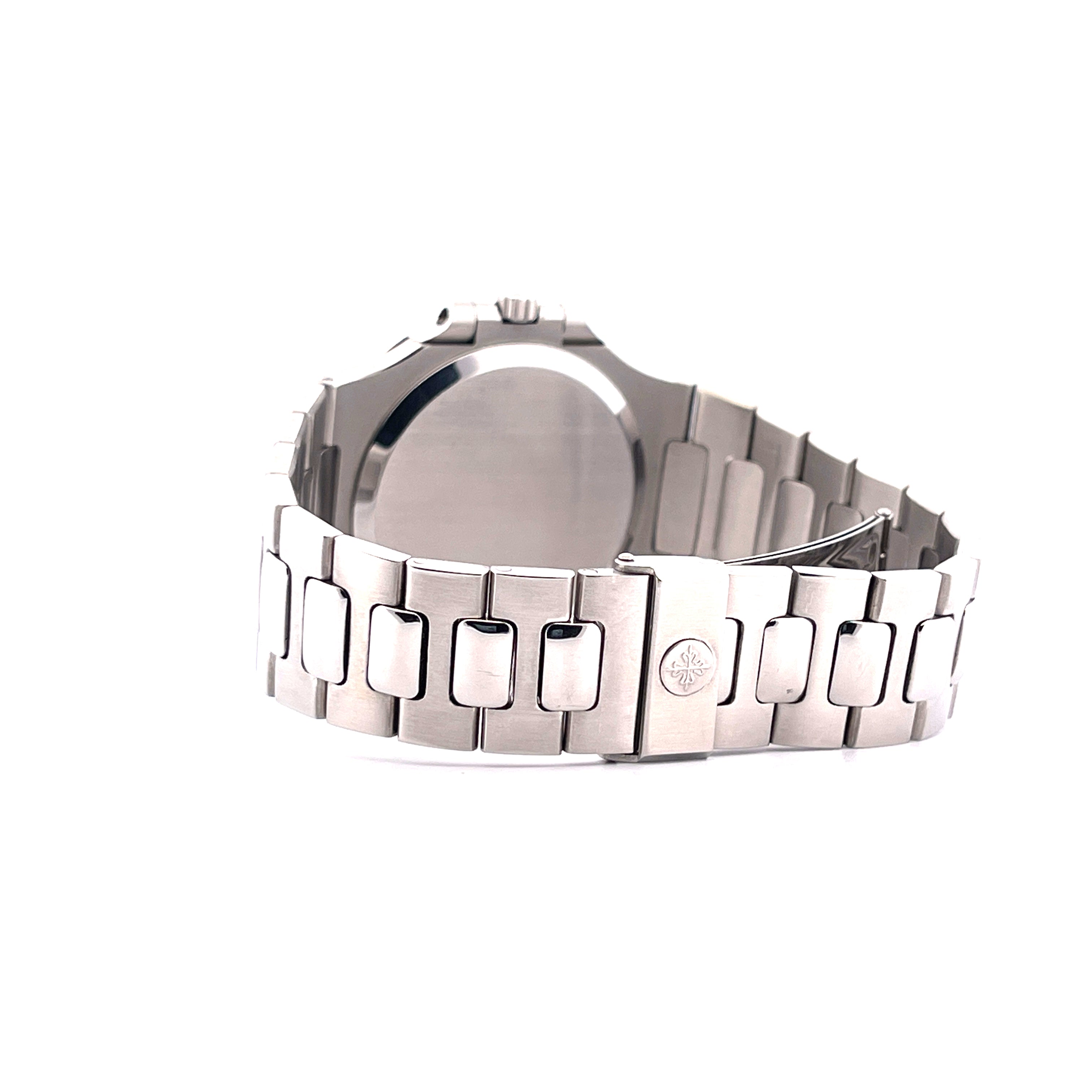 Patek Philippe Nautilus Jumbo 3700/1 Edelstahlarmband und Gehäuse von der Rückseite auf weißem Hintergrund