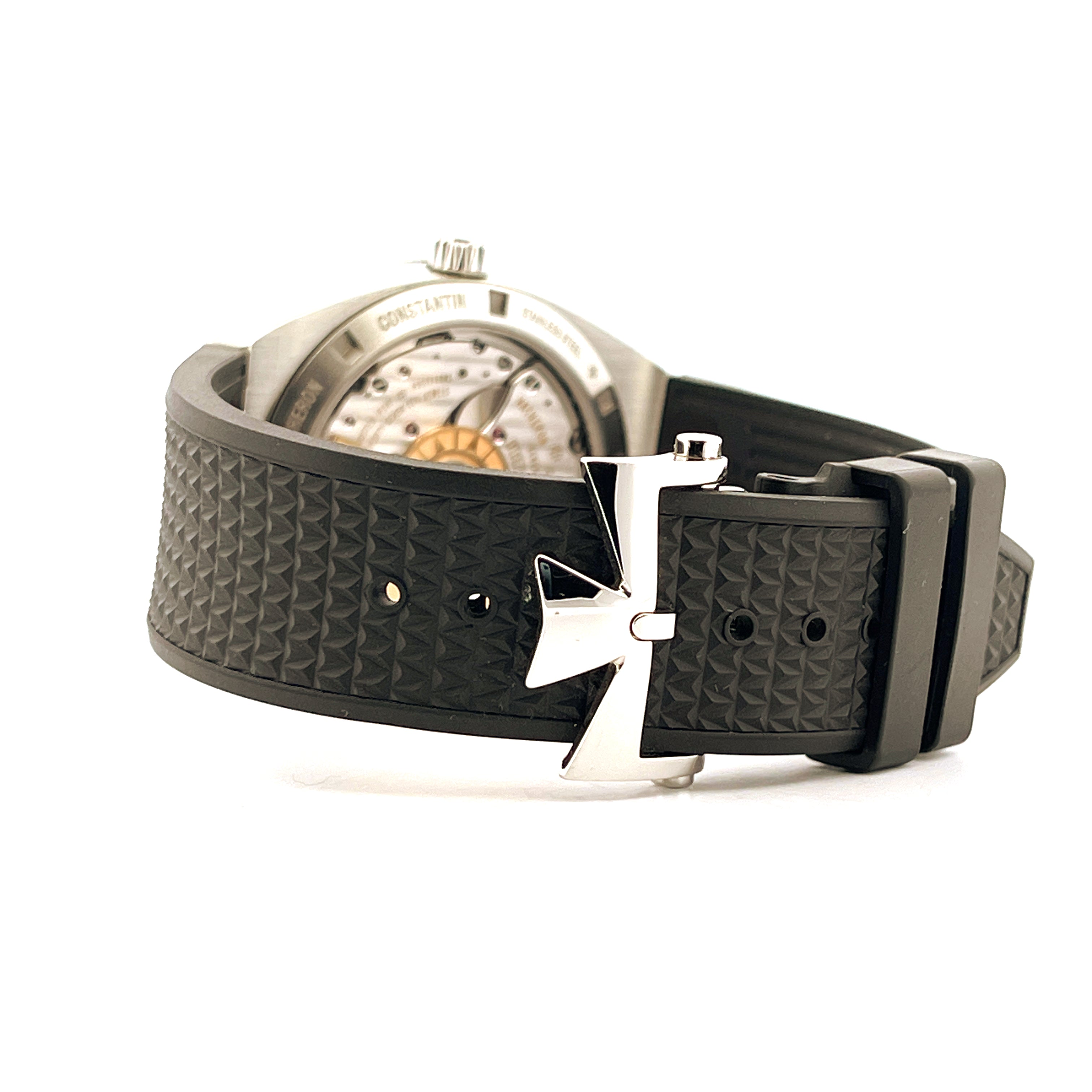 Vacheron Constantin Overseas Armband aus strukturiertem schwarzem Gummi mit silberner Malta-Kreuz-Schließe