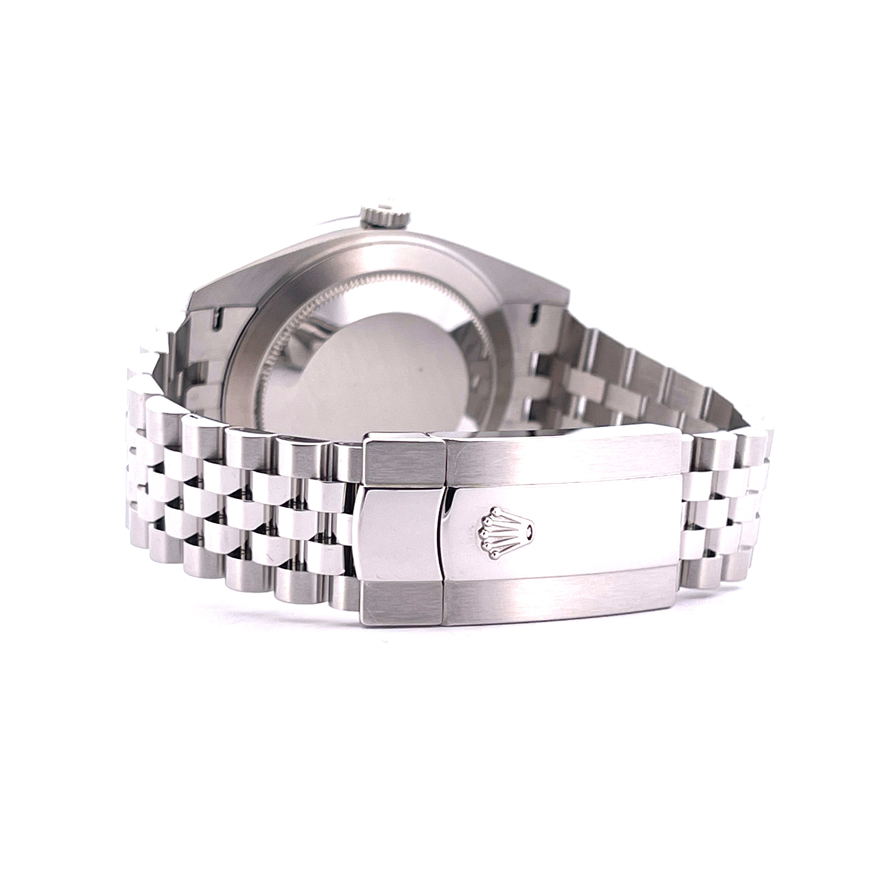 Rolex Datejust 41, Seitenansicht des Stahlgehäuses und des Jubilee-Armbands mit Schließe