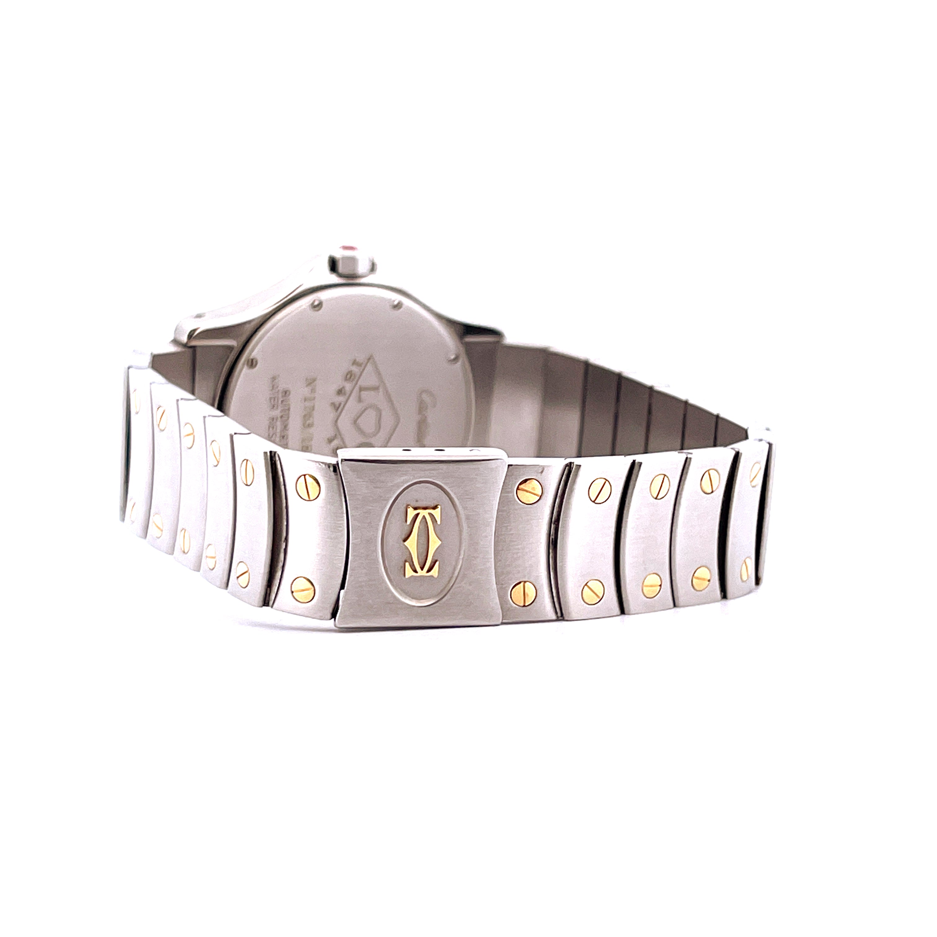 Cartier Santos Ronde 150th Automatic: Rückseite einer Stahl-Golduhr mit Armband und Dornschließe