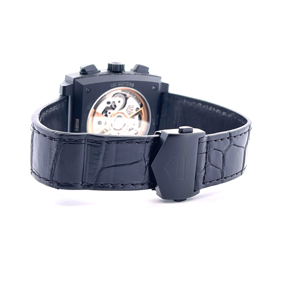 Tag Heuer Monaco "Dark Lord" Titan / Service 2026 / very good Condition / 20cm wrist size, Rückansicht mit Gehäuseboden, Schließe und Armband vor weißem Hintergrund