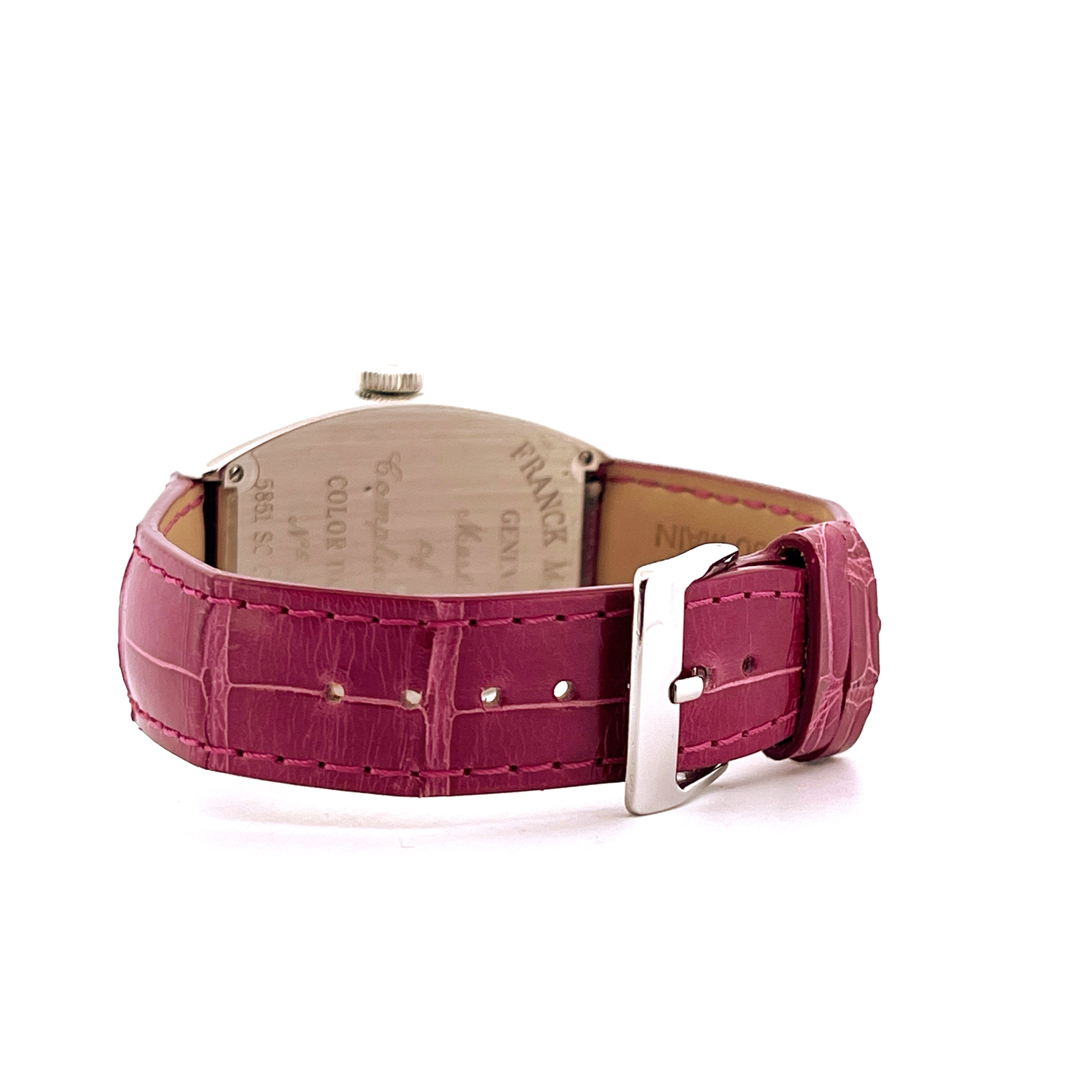 Franck Muller Cintree Curvex Color of Dreams Damenuhr Rückseite mit roséfarbenem Lederarmband und Stahlschließe