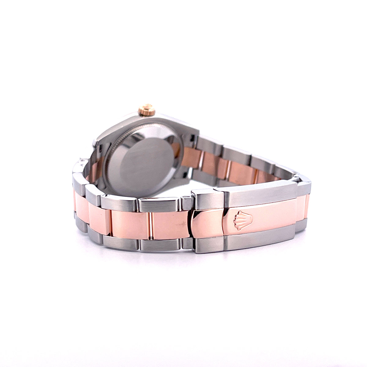 Rolex Datejust 31 Two Tone Mother of Pearl / Box incl. / LC100 / 2006, Rückansicht mit Gehäuseboden, Schließe und Armband vor weißem Hintergrund