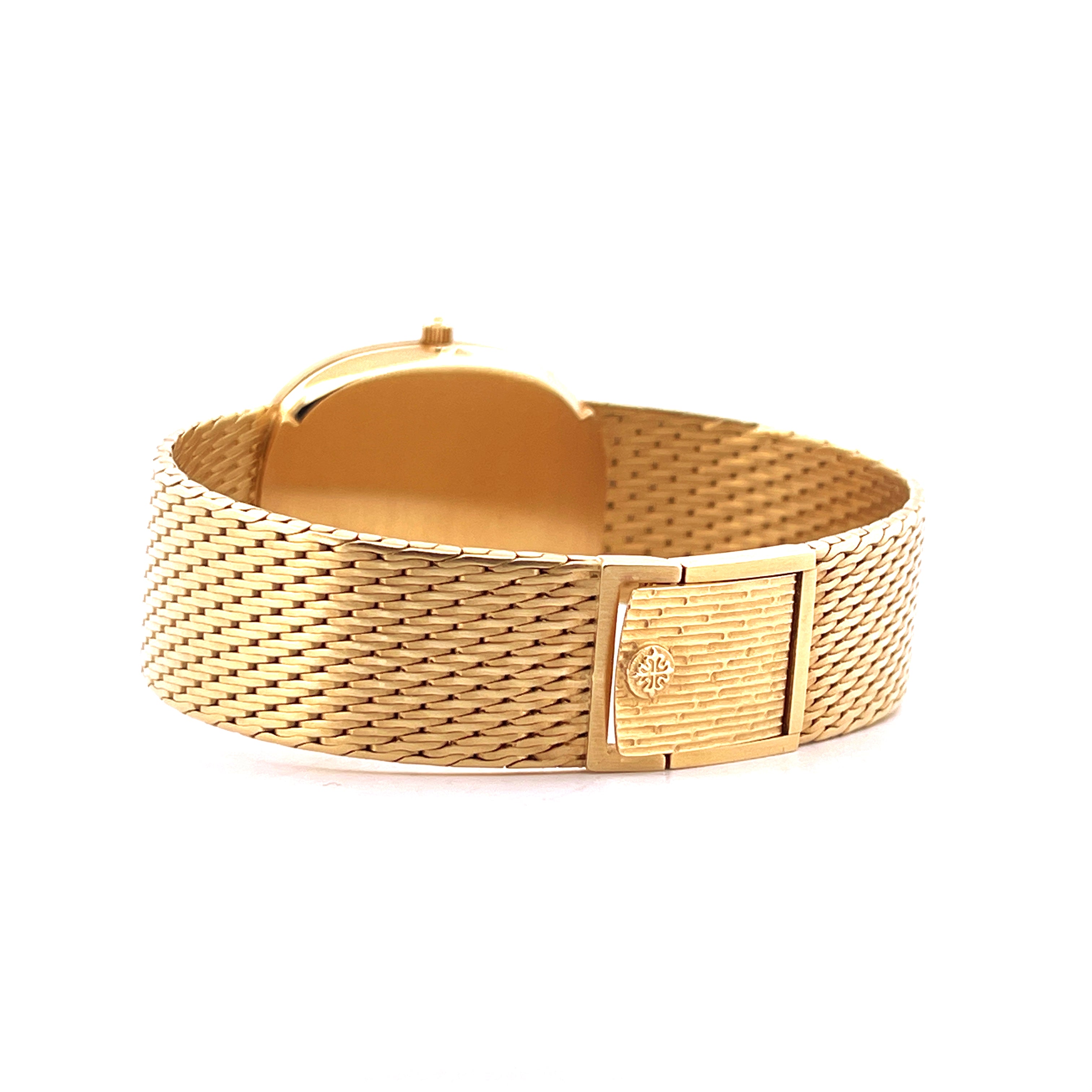 Patek Philippe Ellipse Gelbgold, Seitenansicht des Armbands und der Schließe mit Emblem