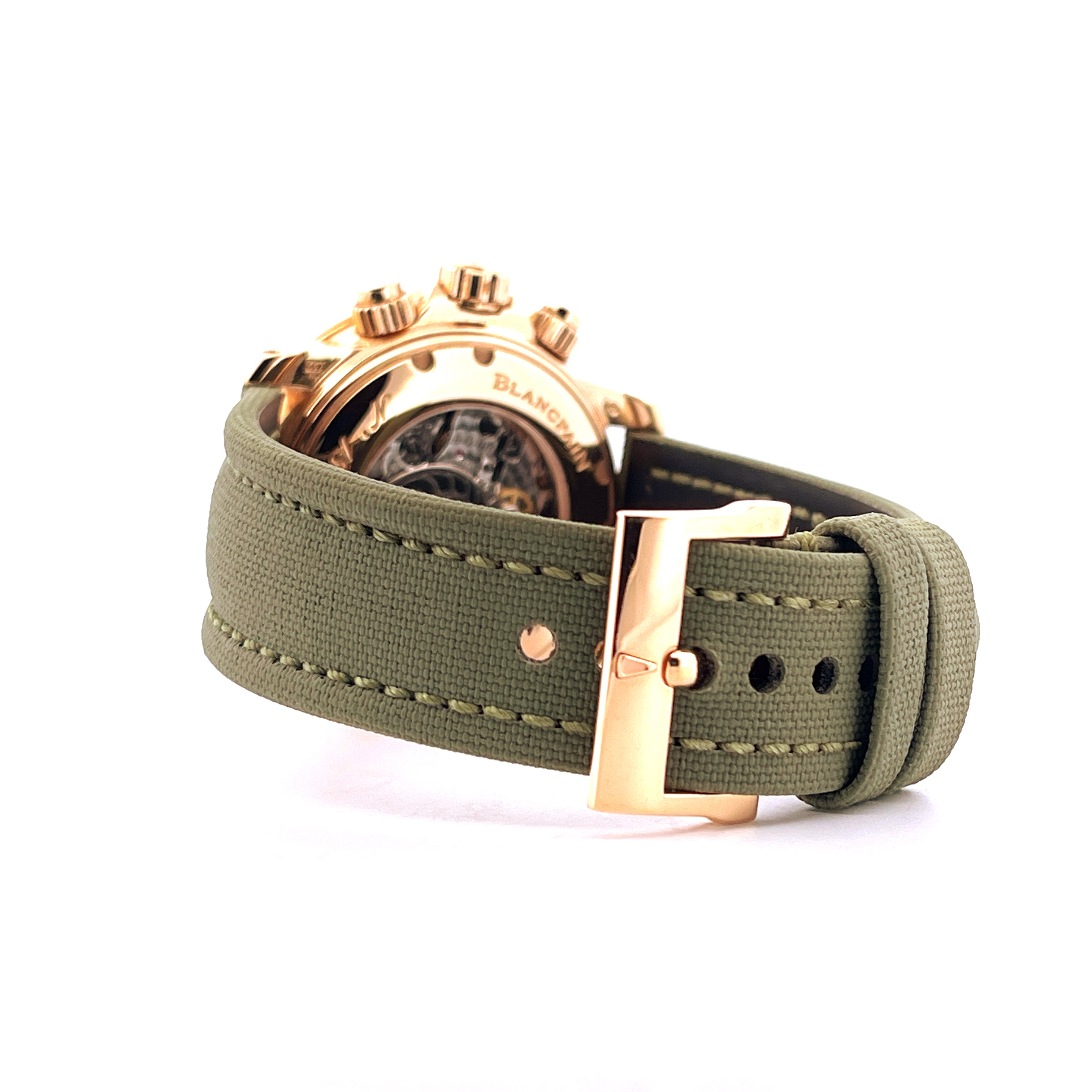 Blancpain Fifty Fathoms Roségold mit grünem Textilarmband und roséfarbener Schließe, Seitenansicht