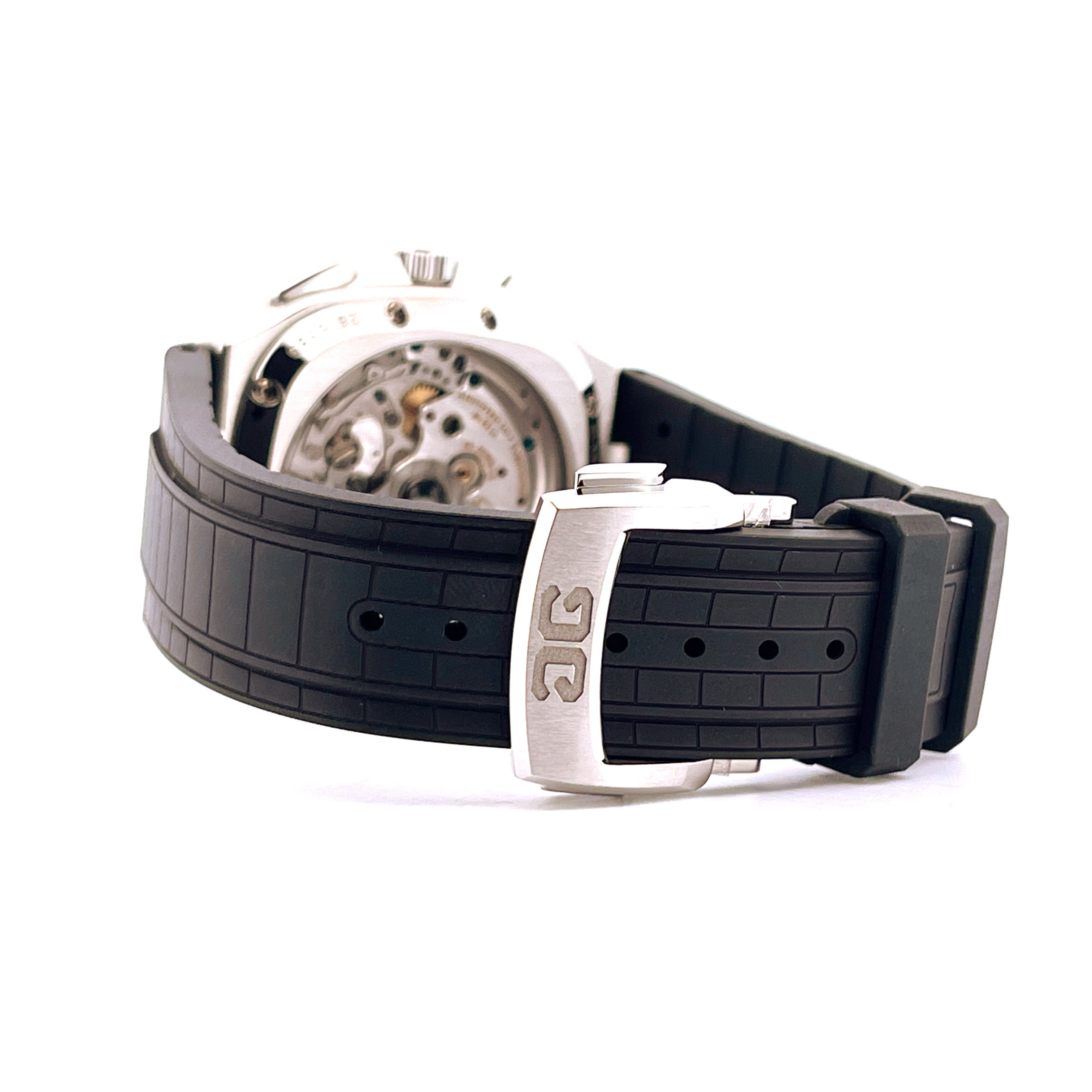 Glashütte Original Seventies Chronograph Rückseite mit schwarzem Kautschukband und silberner Schließe