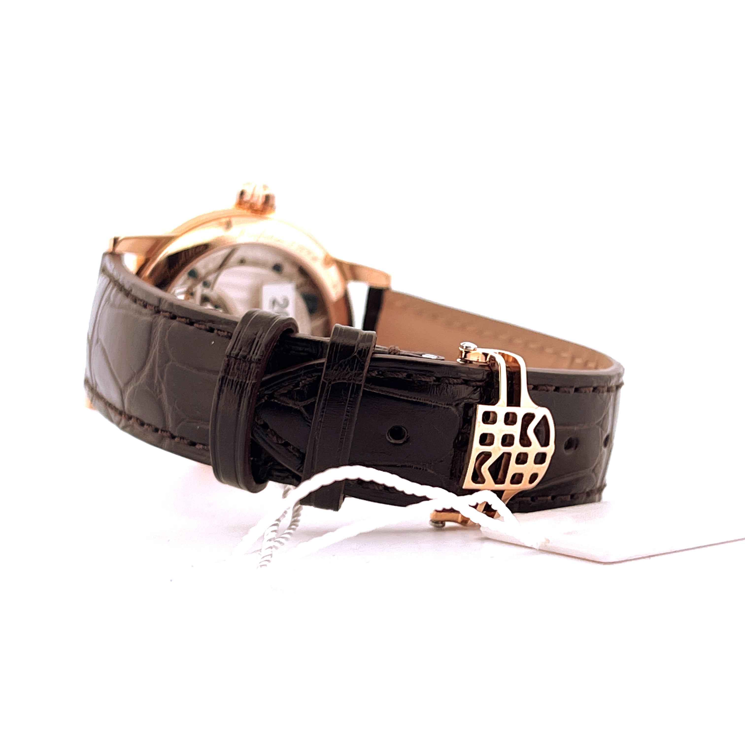 Seitenansicht eines Frederique Constant Tourbillon Roségold-Uhrenarmbandes mit charakteristischer Schließe auf weißem Hint…
