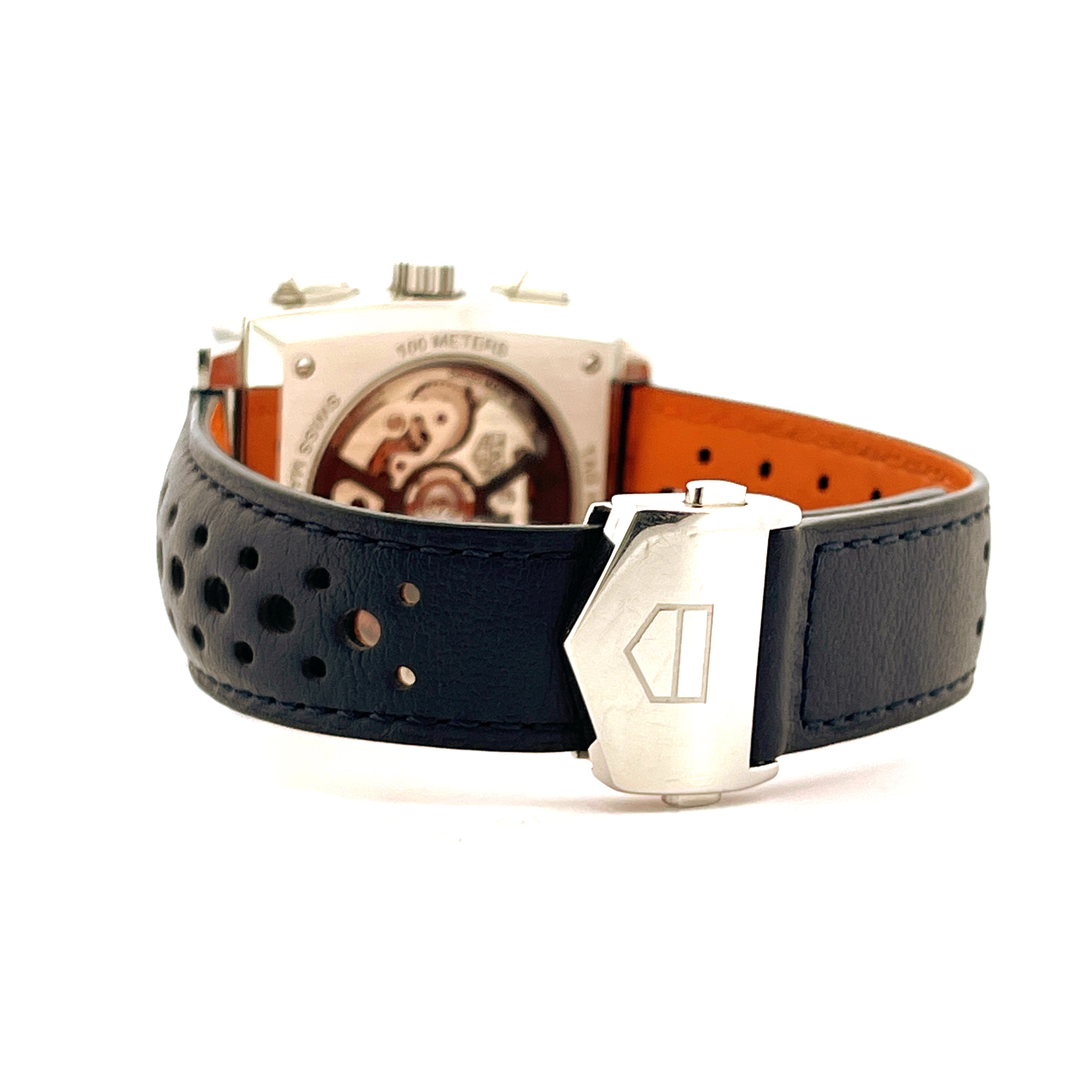 Tag Heuer Monaco Gulf mit schwarzem Lederband und Sichtboden, silberne Schliesse mit Logo