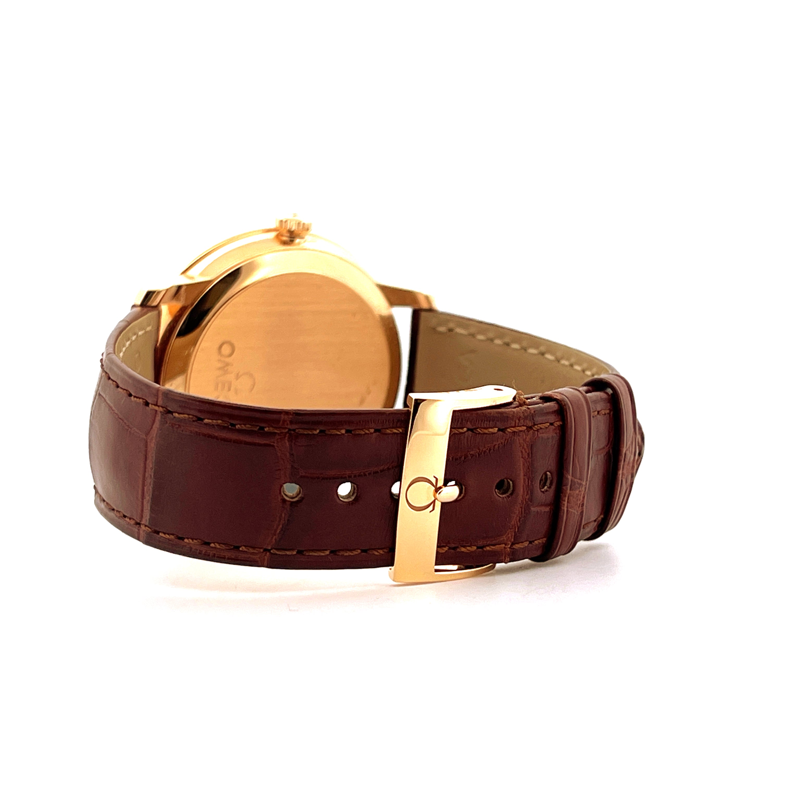 Omega De Ville Prestige Date aus Gelbgold mit braunem Lederarmband und Omega-Schließe Seitenansicht