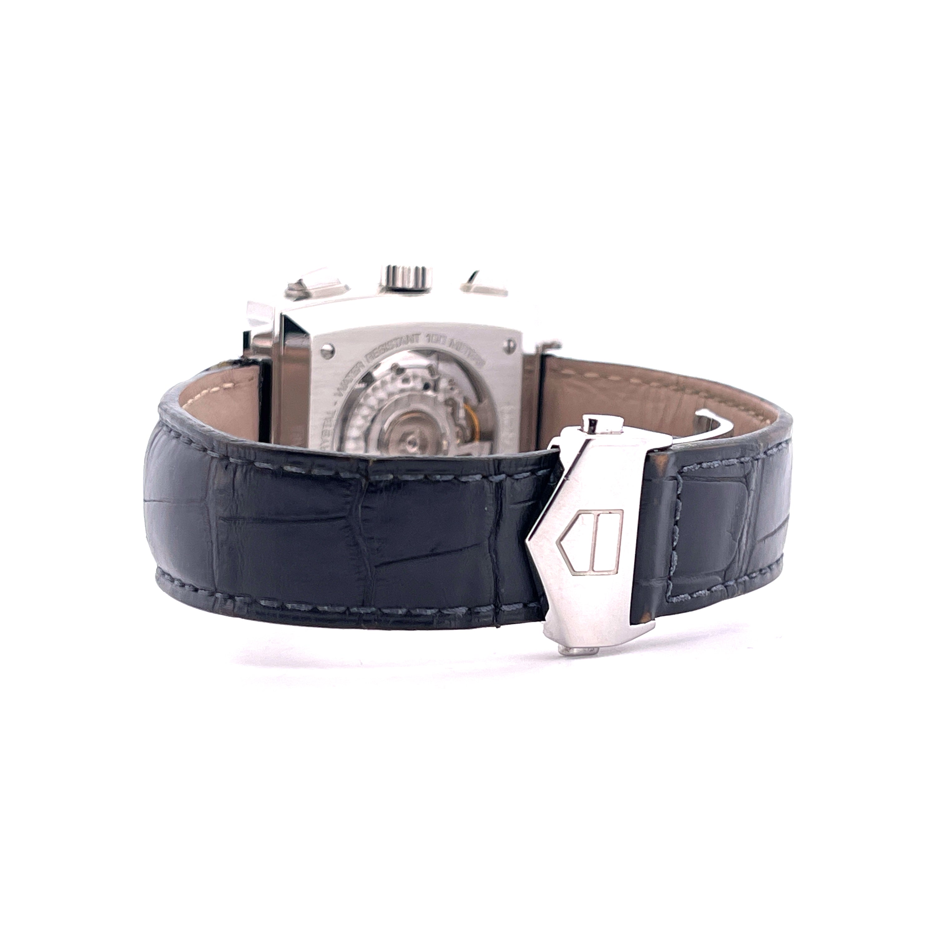 Tag Heuer Monaco CAW2111: Rückansicht mit blauem Lederarmband und Doppelfaltschließe