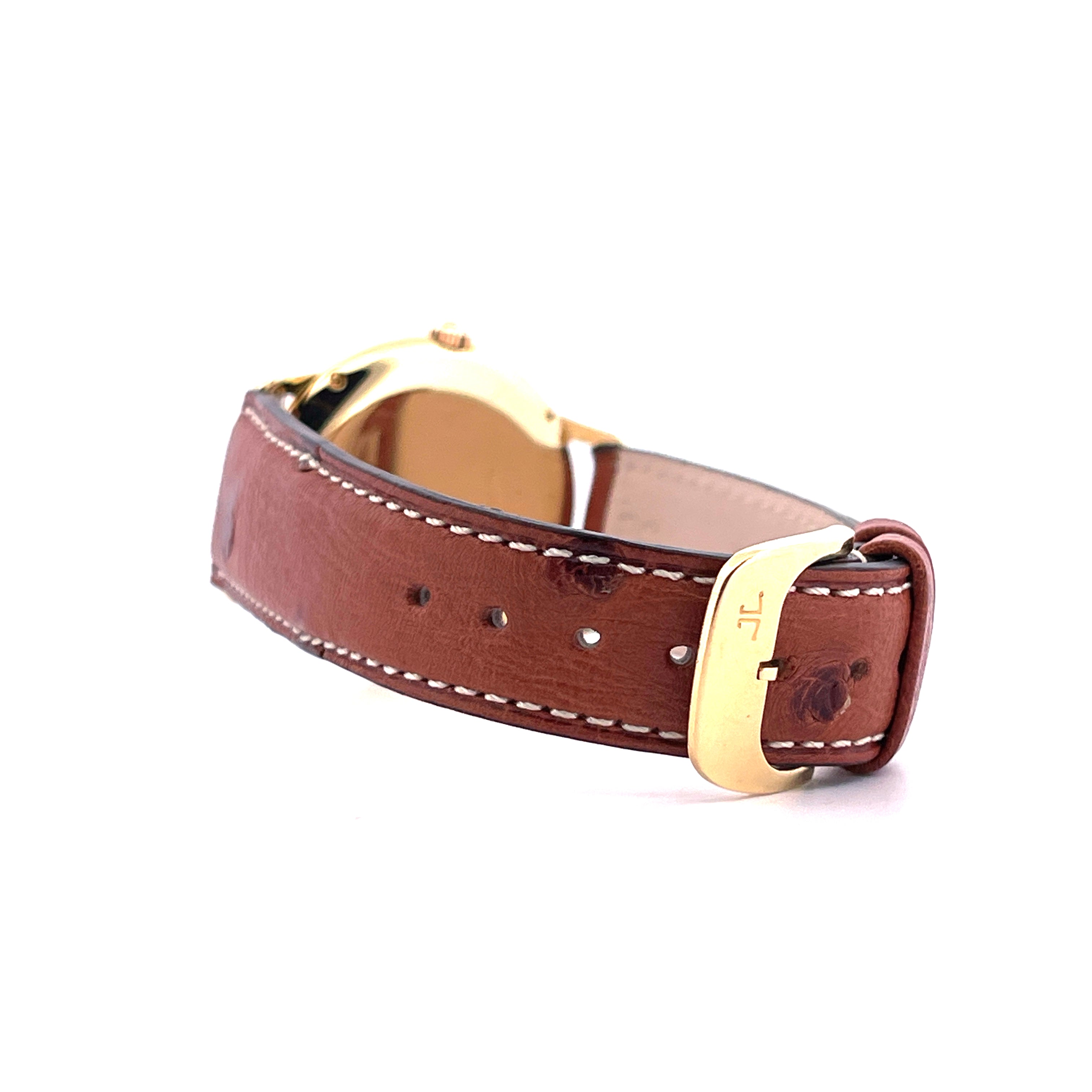 Jaeger LeCoultre Odysseus Automatik Uhr mit braunem Lederarmband und Goldschließe aus der Seitenansicht