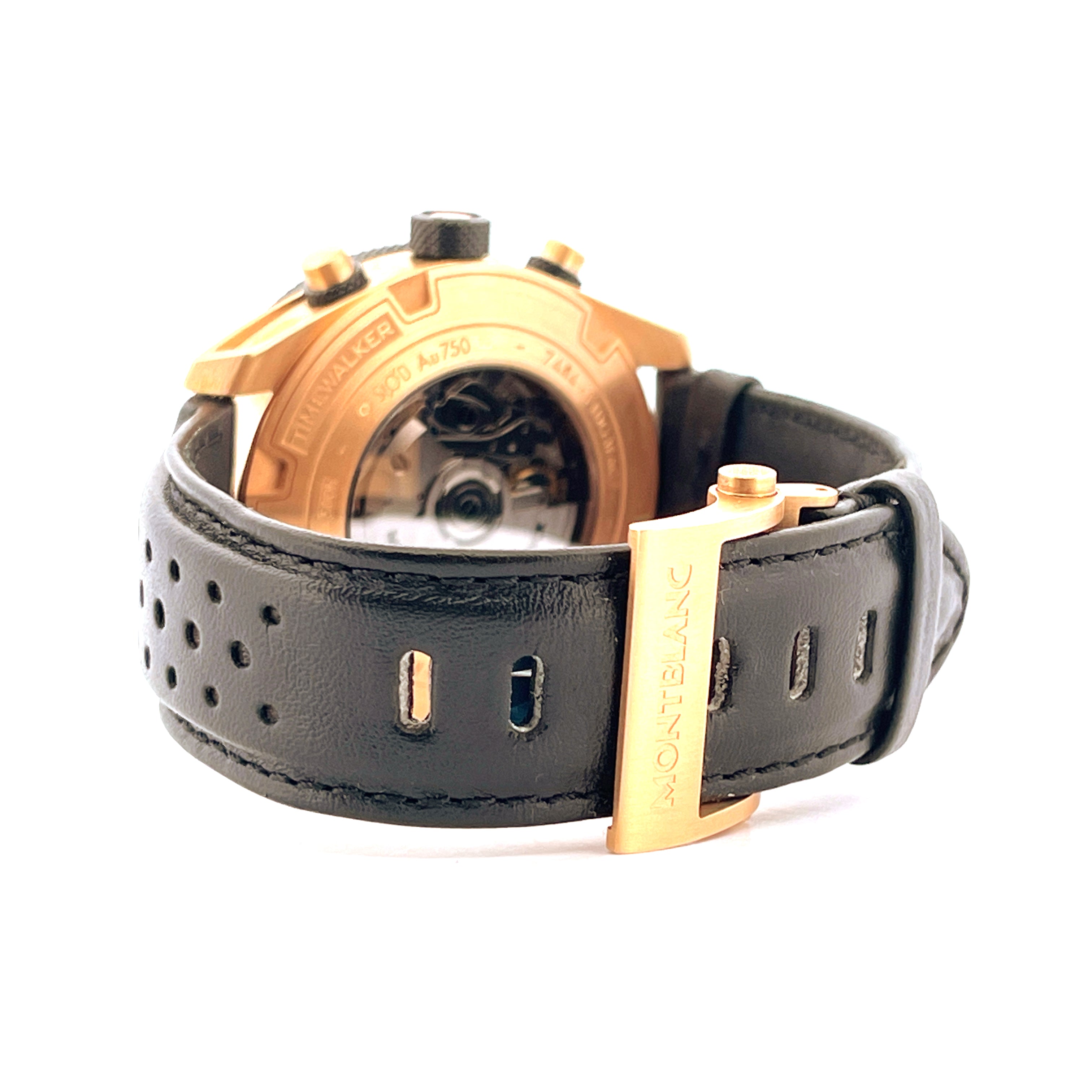 Rückseite eines Montblanc Timewalker Chronograph Automatik mit rotem Goldgehäuse und schwarzem Lederarmband