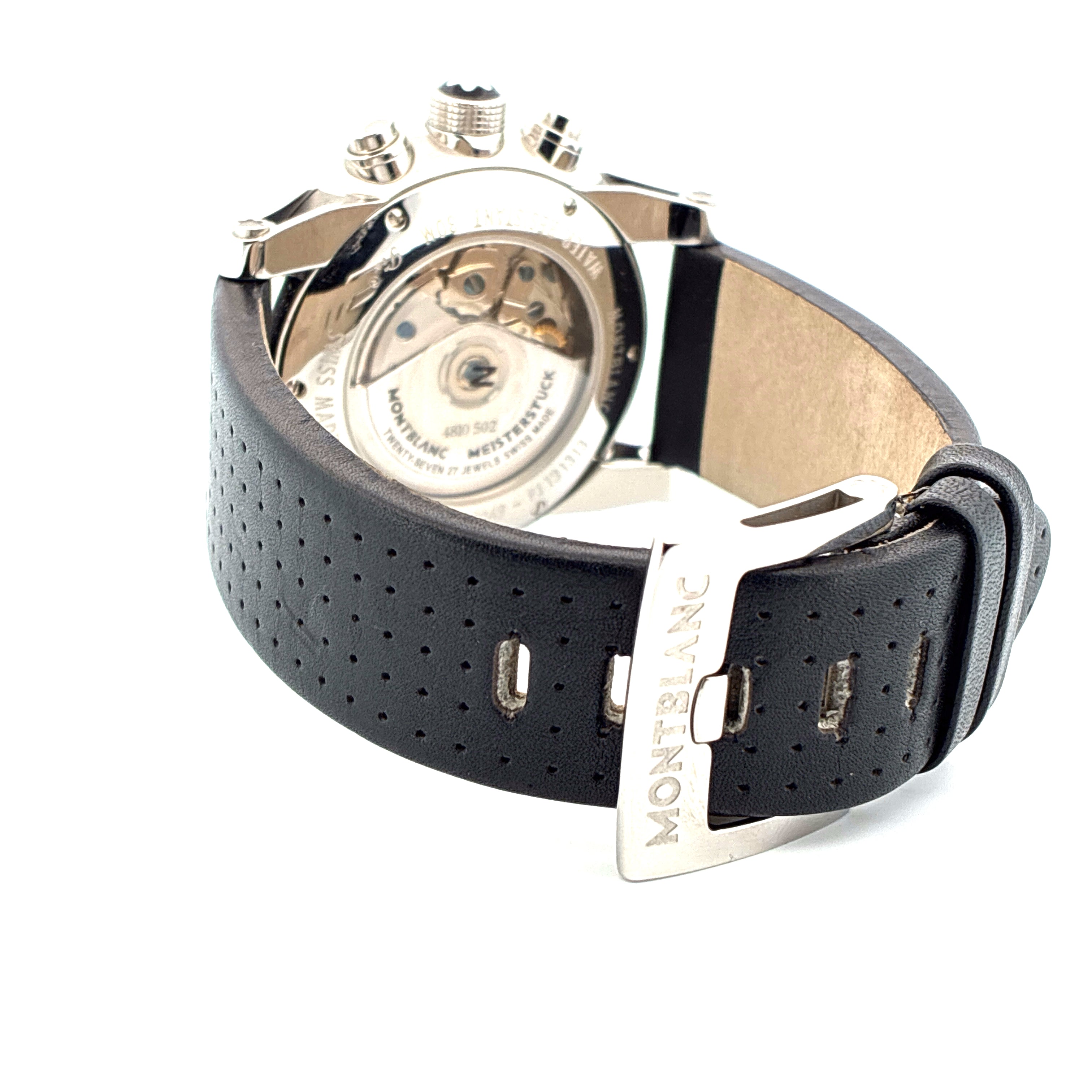 Rückansicht eines Montblanc Timewalker Chronographen aus Edelstahl mit schwarzem Lochlederarmband