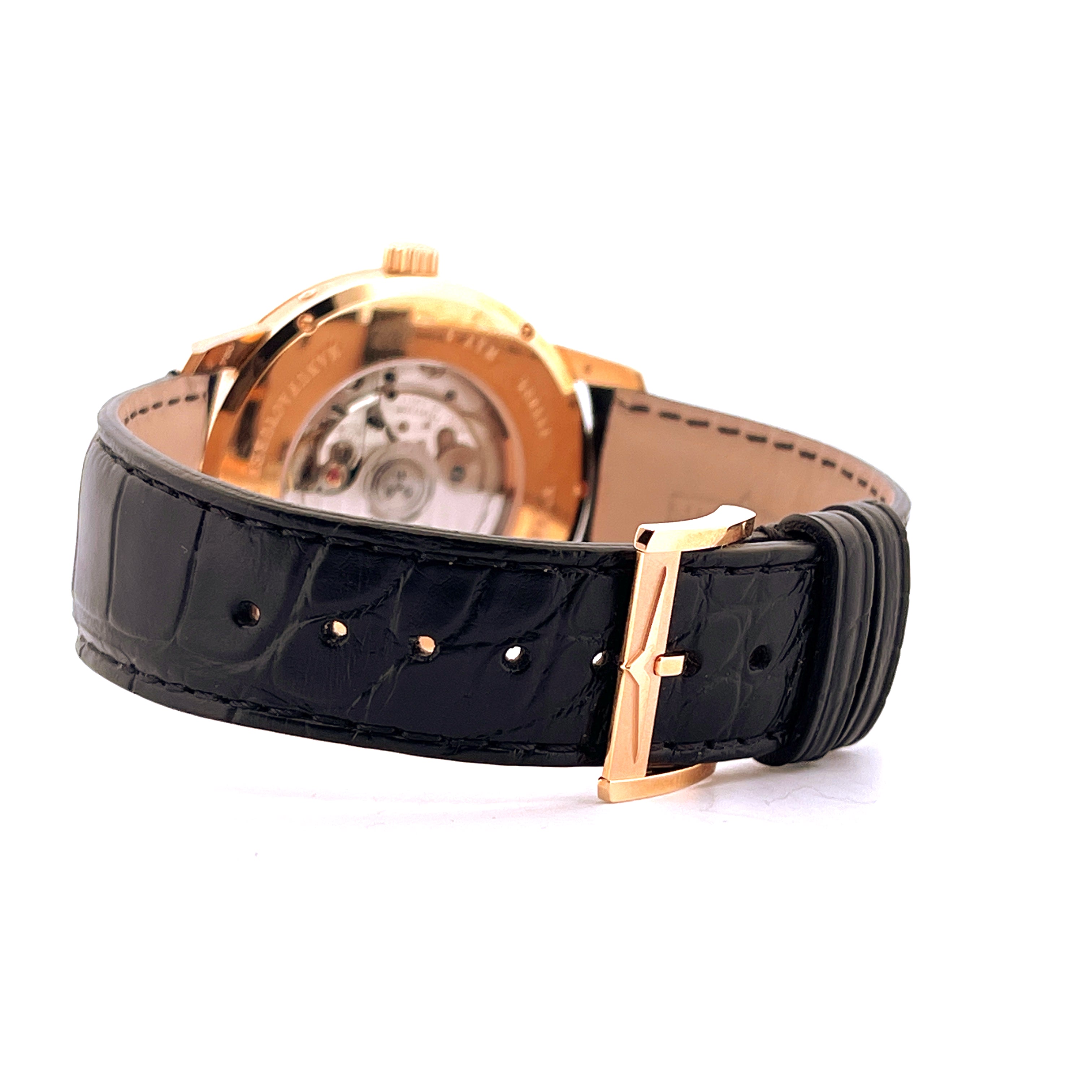 Vulcain 50s Presidents Moonphase Rückseite mit Roségoldgehäuse, Automatikwerk und schwarzem Lederarmband