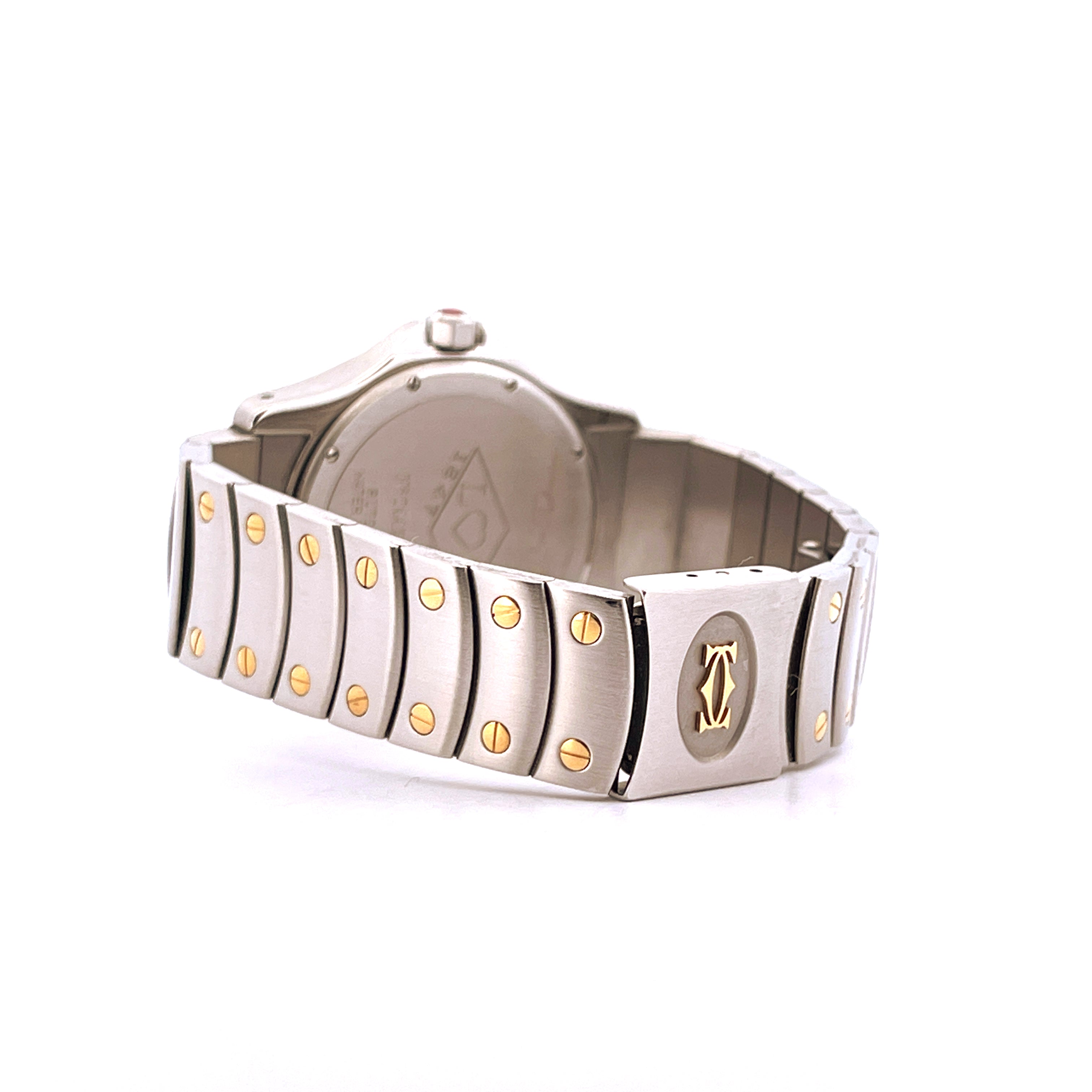 Cartier Santos Ronde 150th Automatic von rechts, Stahlgehäuse und Golddetails, weißer Hintergrund