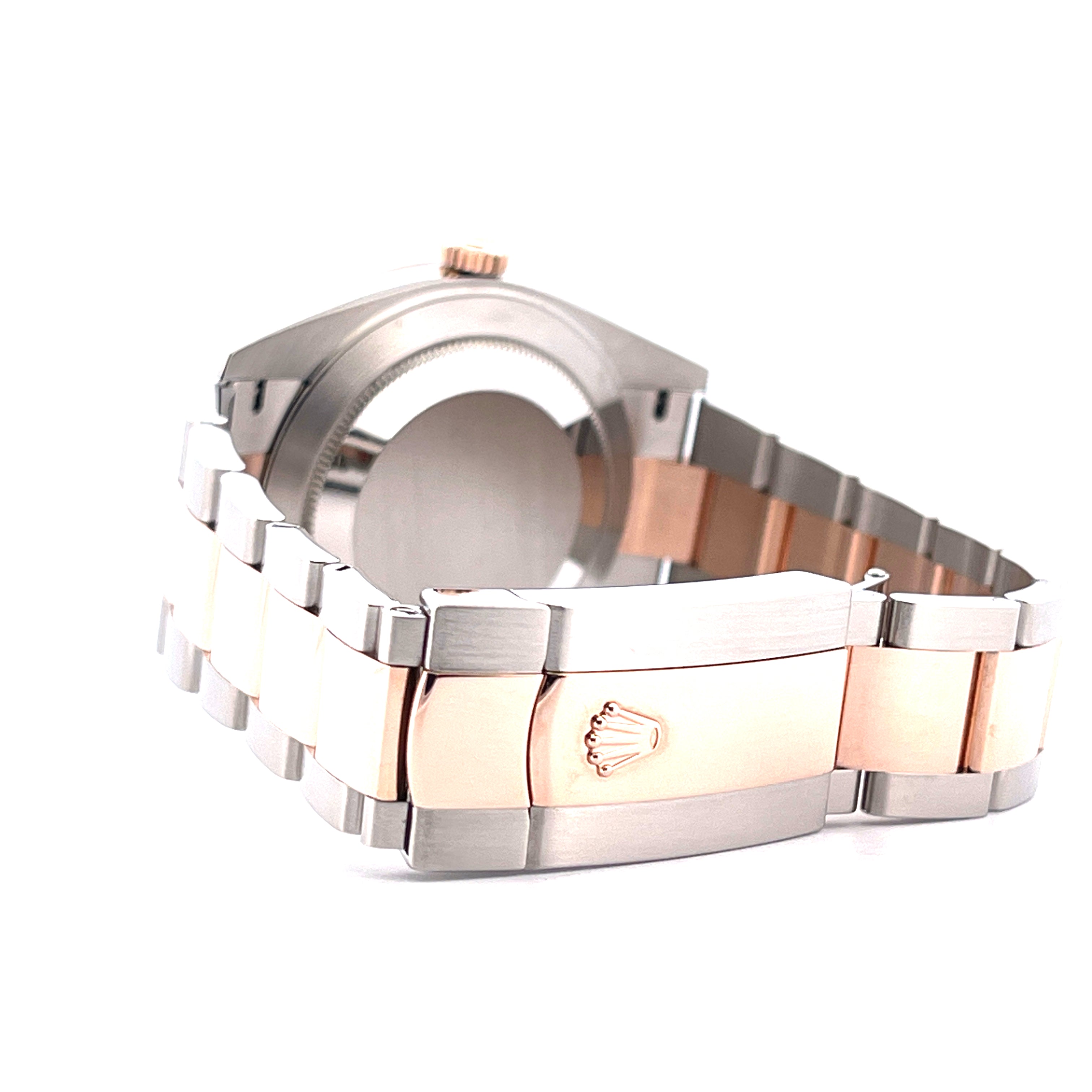 Rolex Datejust 41 Wimbledon Oyster aus Stahl und Gold, Seitenansicht der Schließe mit Rolex-Krone
