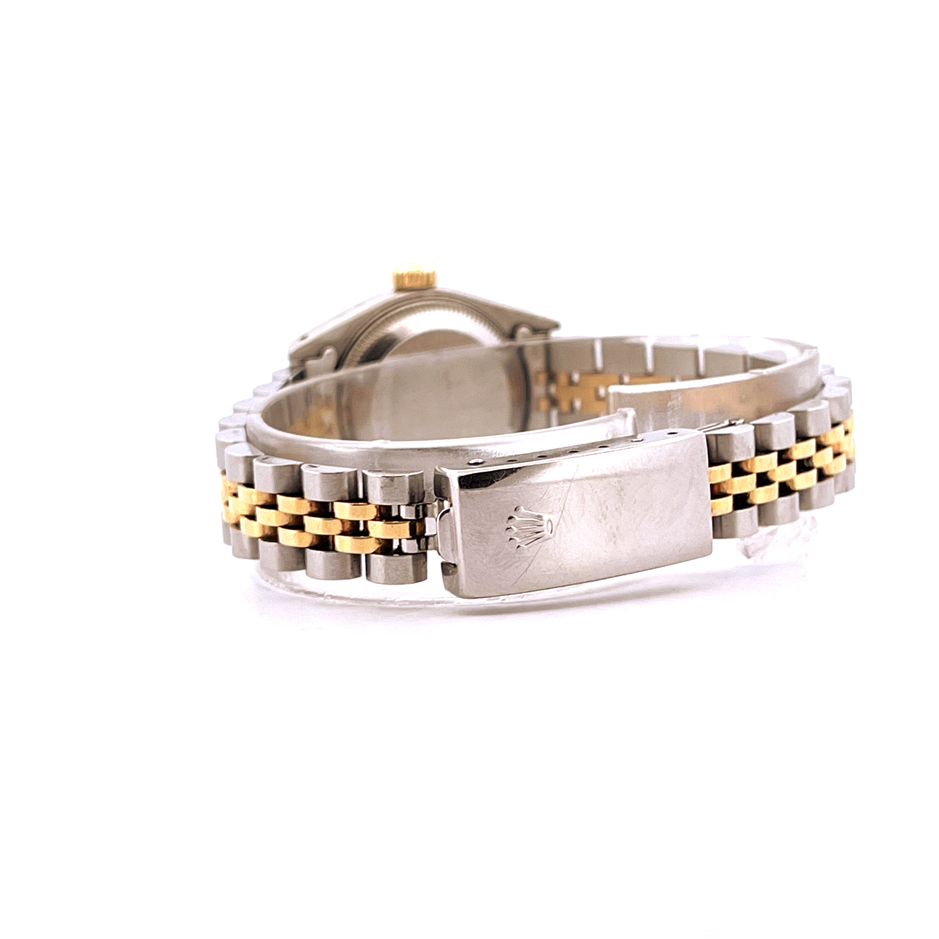 Rolex Lady-Datejust 26mm Seitenansicht mit Gold-Stahl-Band und aufklappbarer Schließe