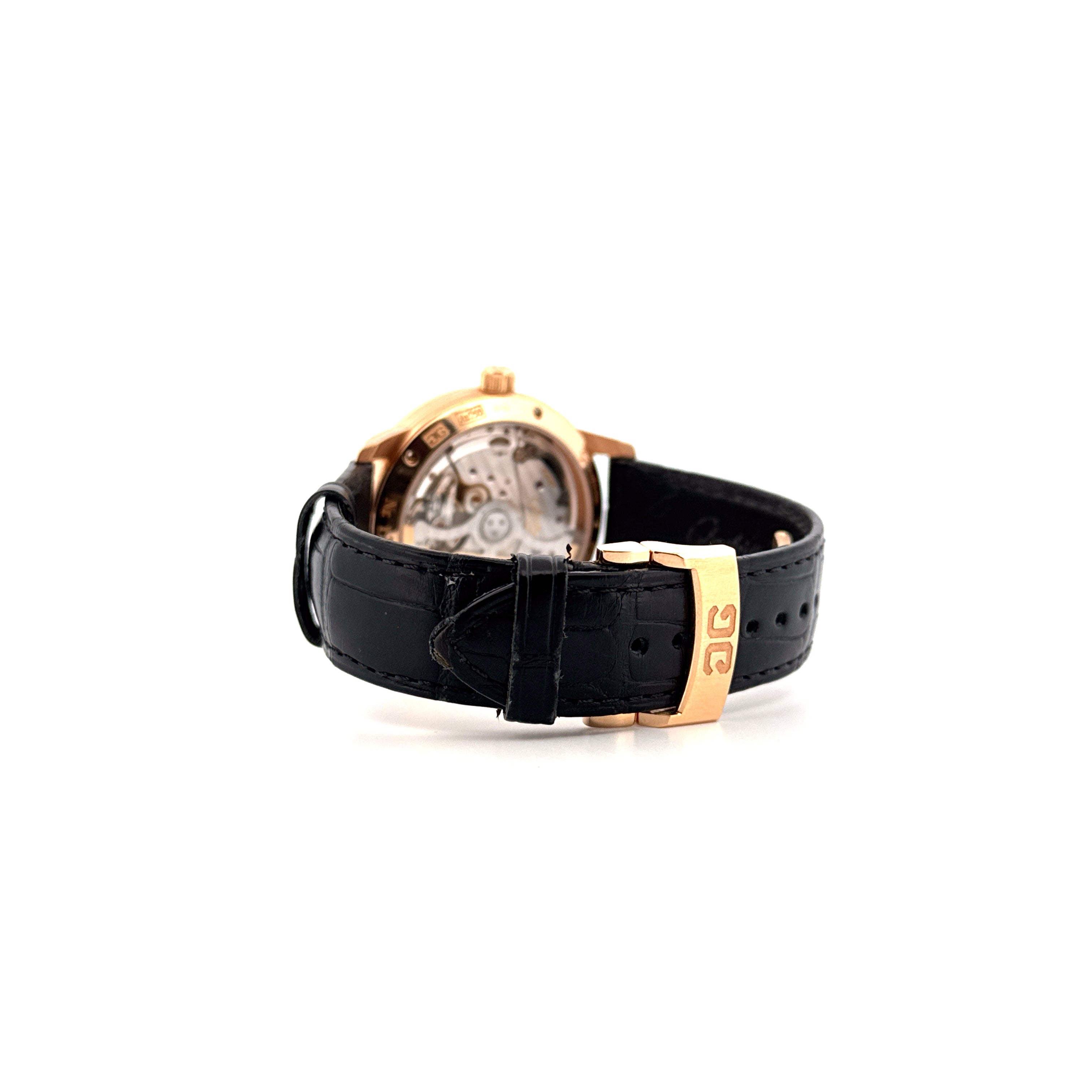 Glashütte Original Senator PanoMaticLunar Seitenansicht Roségoldgehäuse schwarzes Krokoband mit Schließe