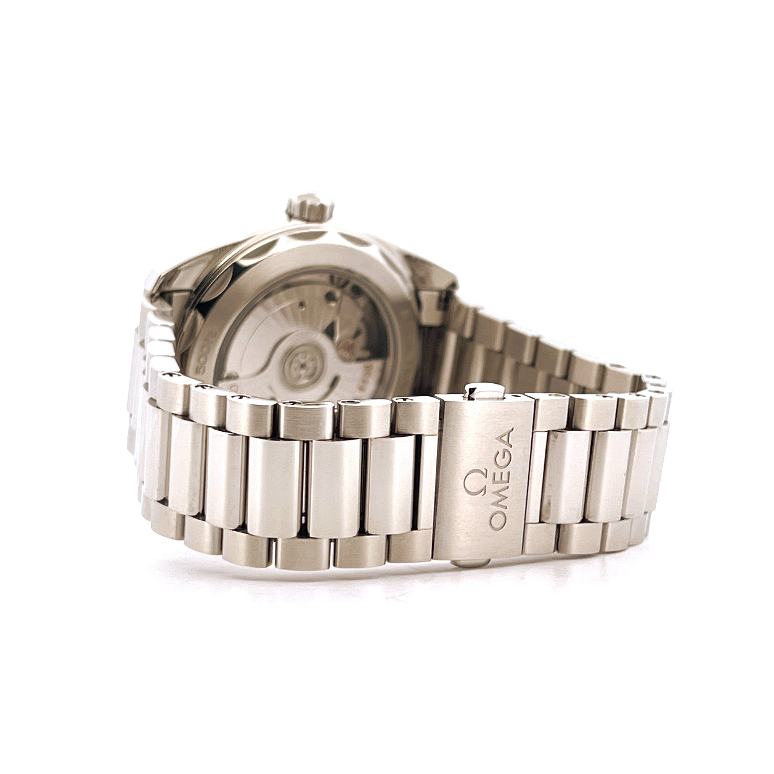 Omega Seamaster Aqua Terra Stahl, Seitenansicht mit Schließe und Armband