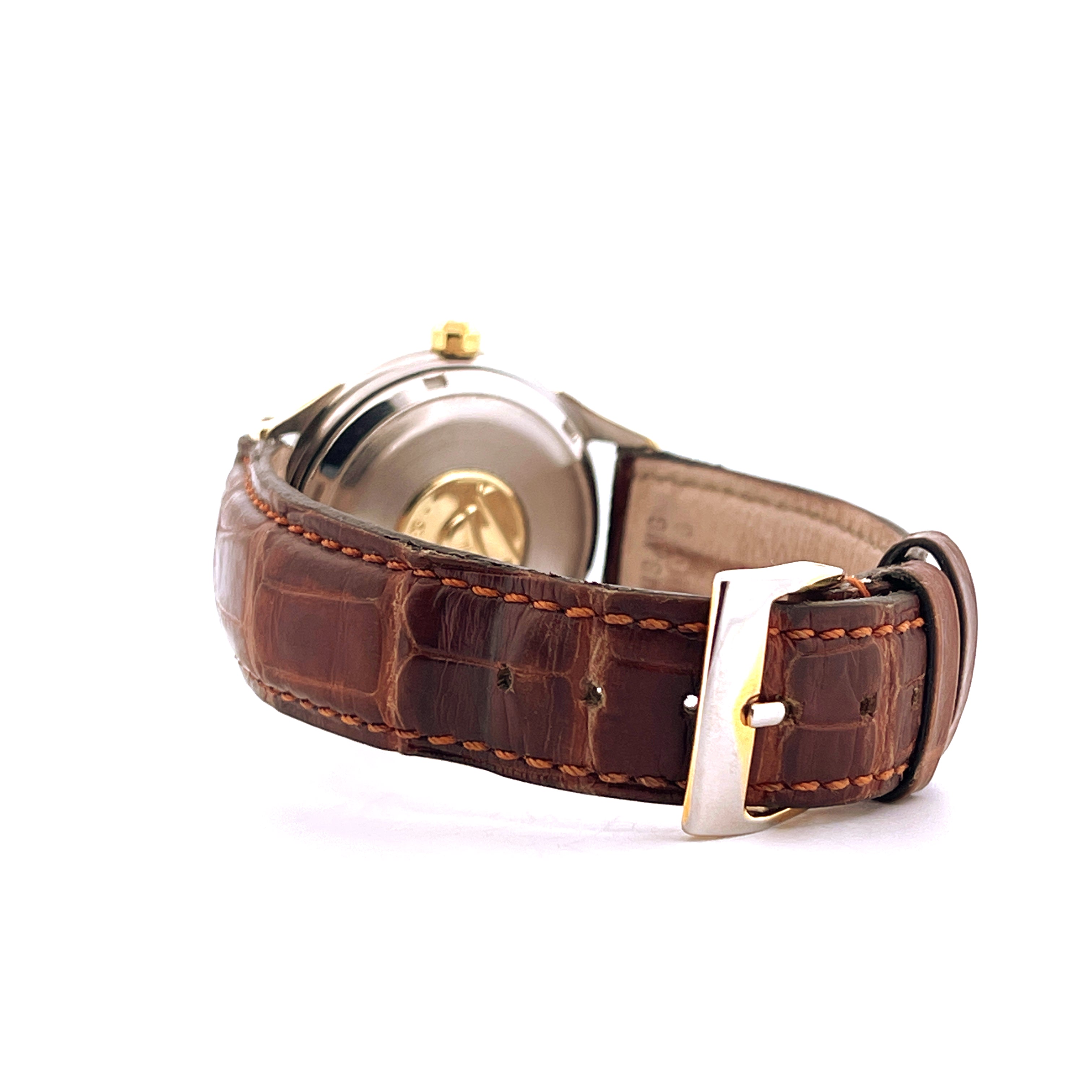 Omega Constellation Pie Pan Stahl & Gold 1952, Seitenansicht des braunen Krokolederarmbands mit Goldschließe