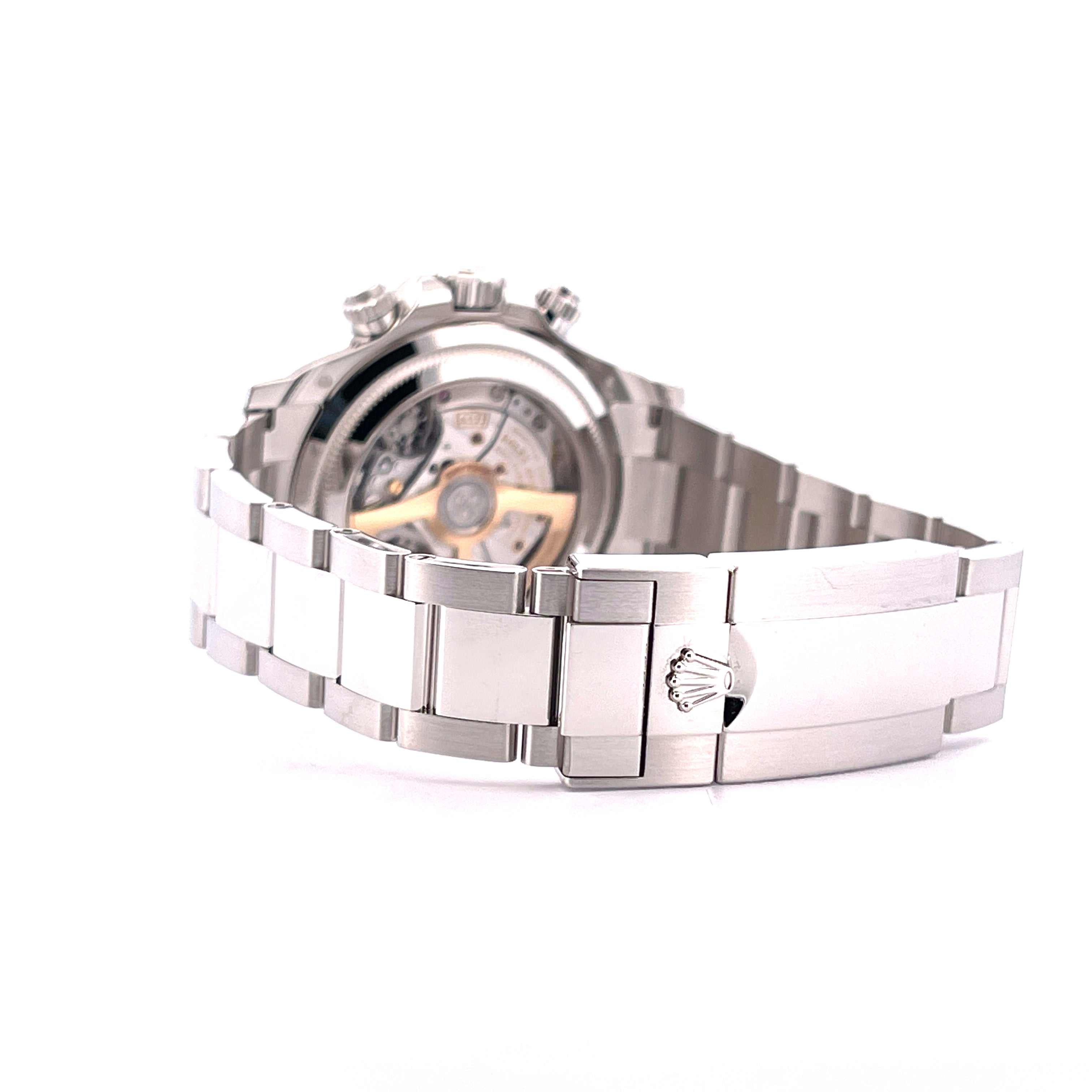 Rolex Daytona Platin Ice Blue 126506 Rückseite mit sichtbarem Uhrwerk und poliertem Armband
