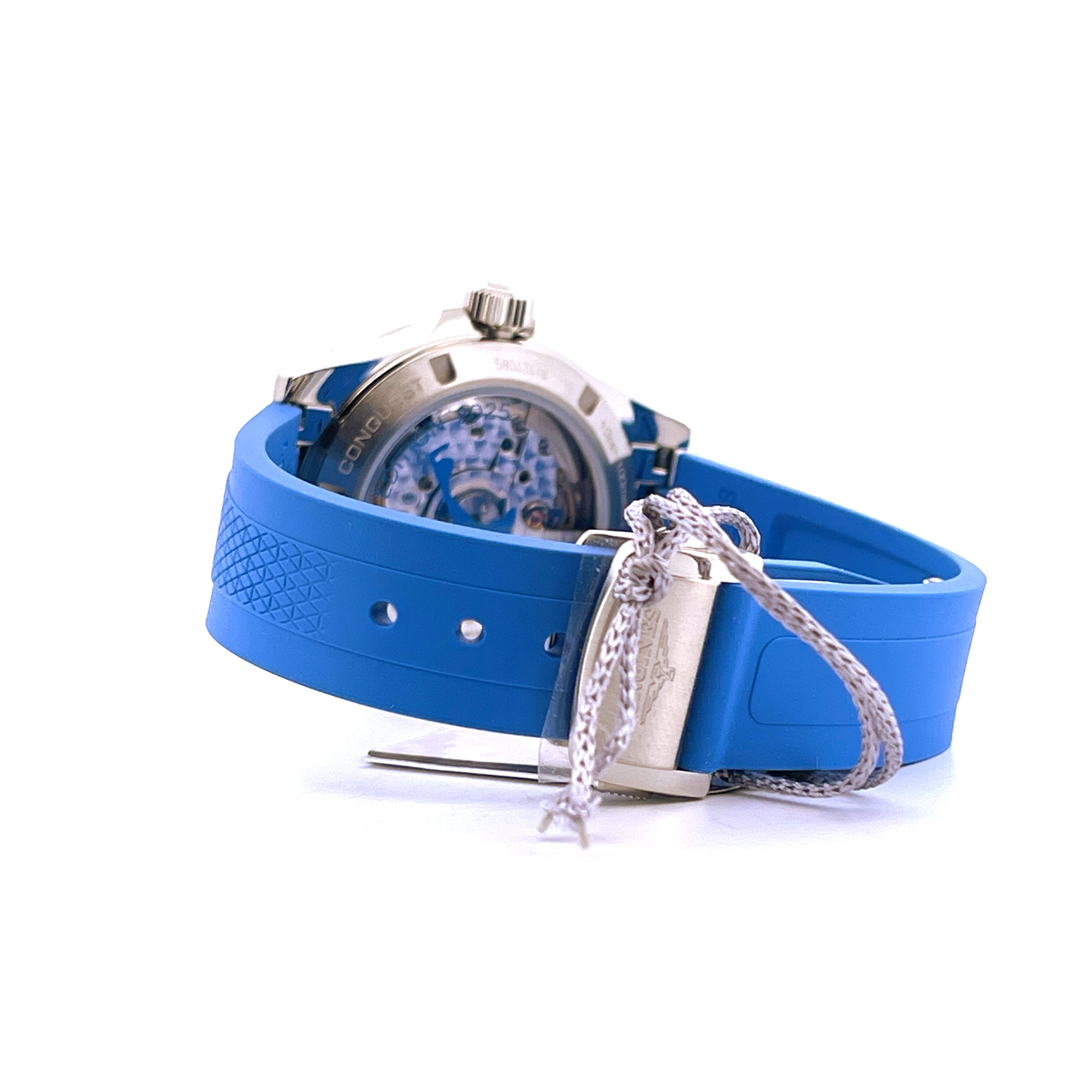 Longines Conquest Lady aus Edelstahl mit blauem Kautschukband und TAG Anhänger Rückseitenansicht