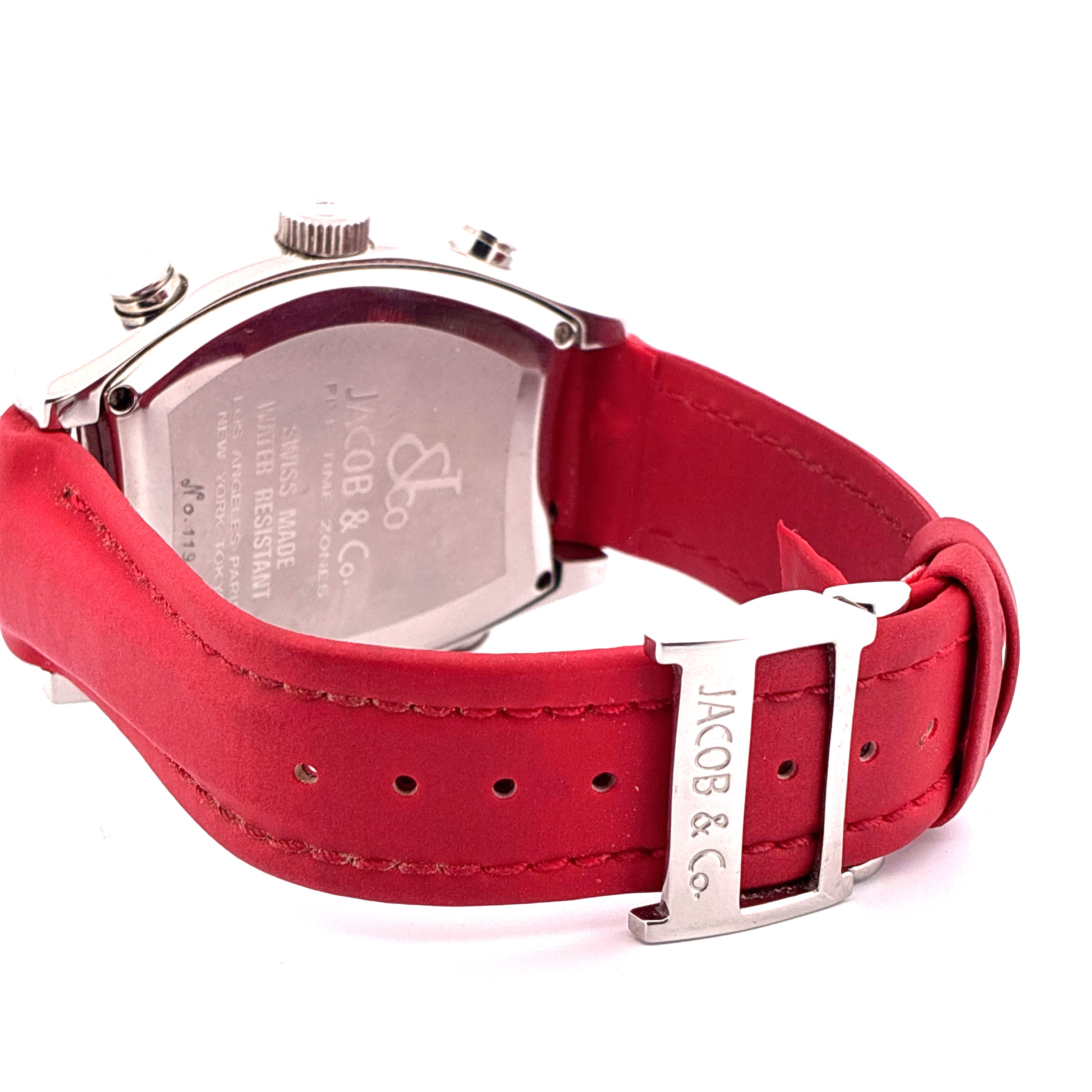 Jacob & Co. Five Time Zone Tonneau auf rotem Lederband mit Edelstahlschließe mit Logo