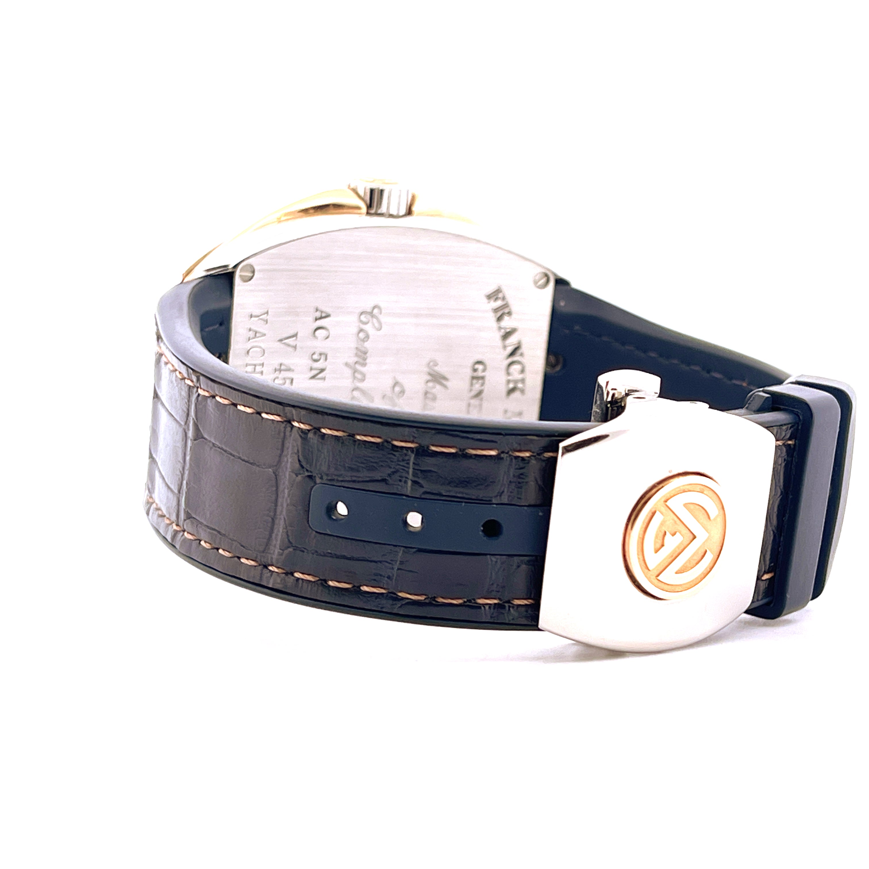 Seitenansicht eines Franck Muller Vanguard 2020 mit Stahlgehäuse und dunkelblauem Krokodillederarmband mit Goldschließe