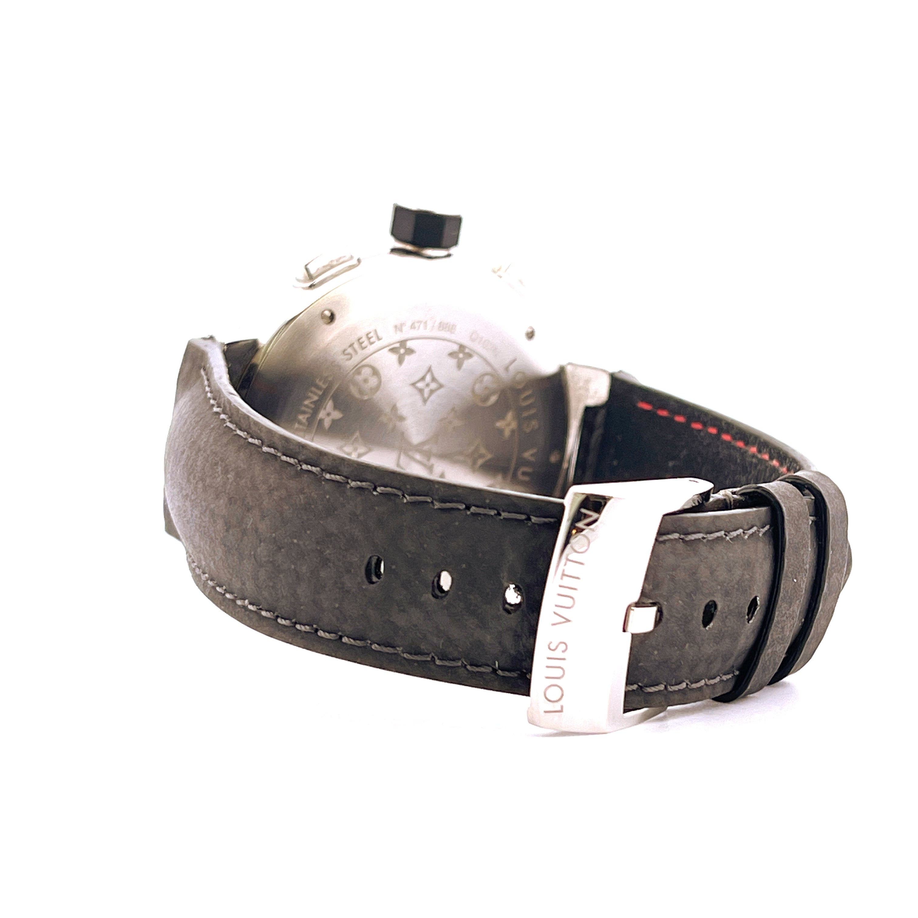 Louis Vuitton Tambour Chronograph, Rückseite aus Edelstahl mit schwarzem Lederarmband und Louis Vuitton Schließe