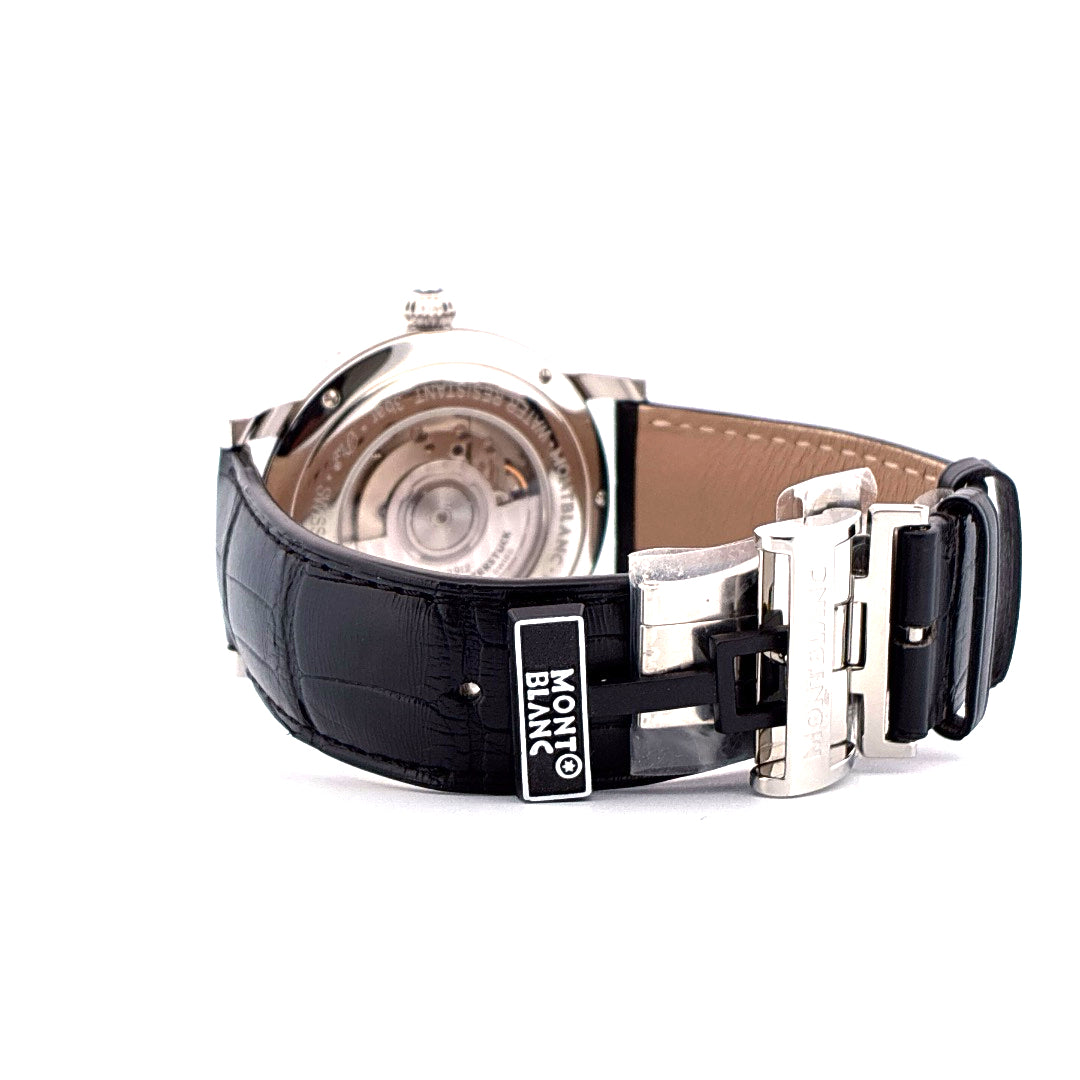 Montblanc Star Roman Quantième Complet, Rückansicht mit schwarzem Lederarmband und Faltschließe