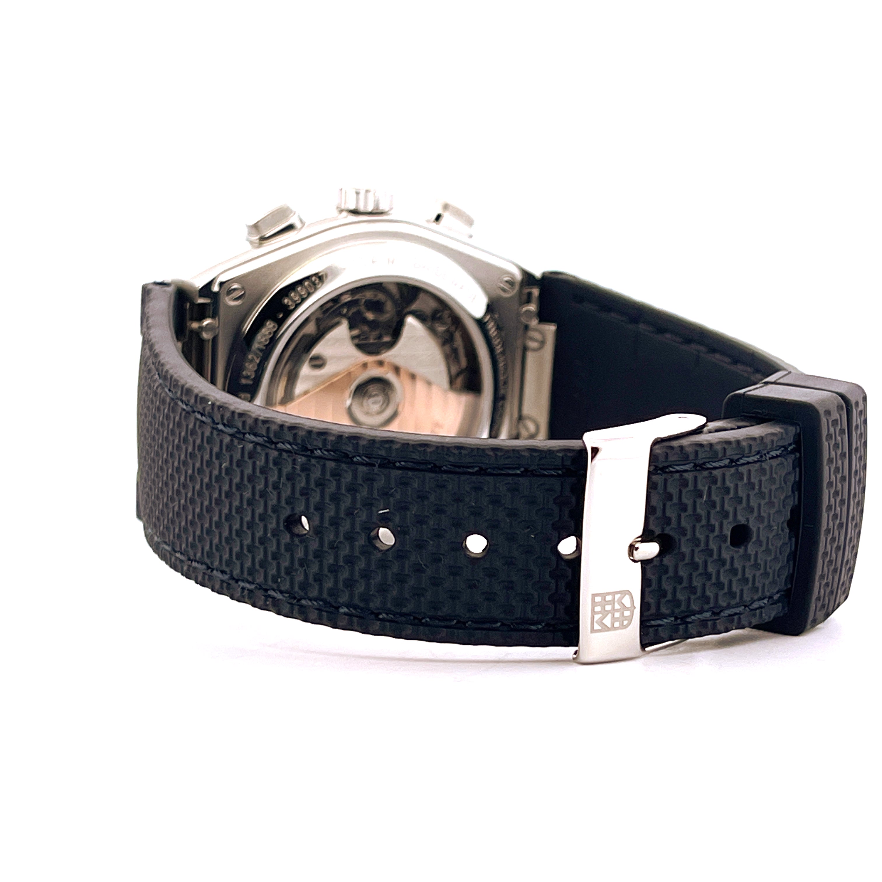 Rückansicht einer Frederique Constant Highlife Chronograph Automatik mit schwarzem Armband und Edelstahlgehäuse