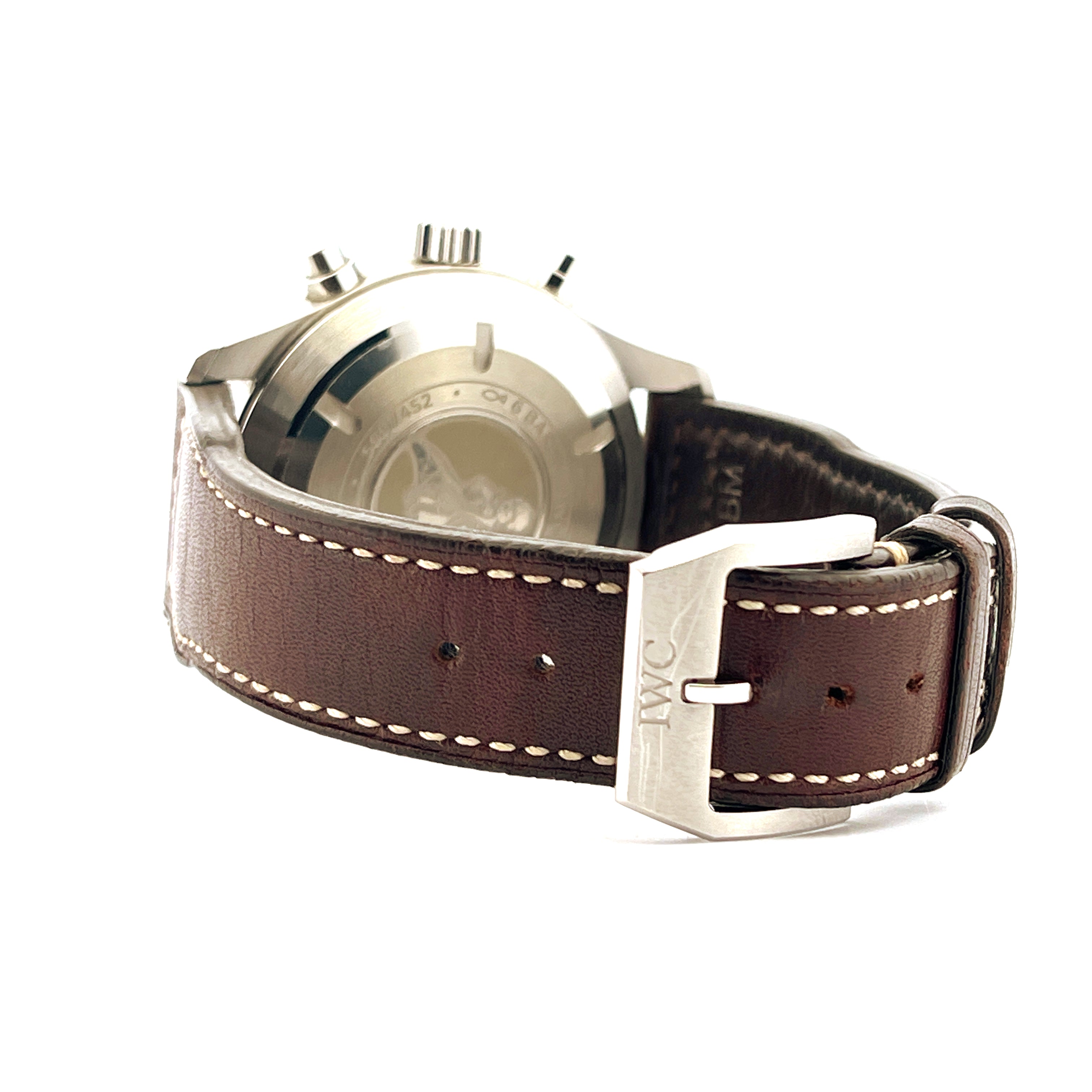 IWC Pilot Chronograph Le Petit Prince Blue, Rückansicht mit Lederarmband und Edelstahlschließe