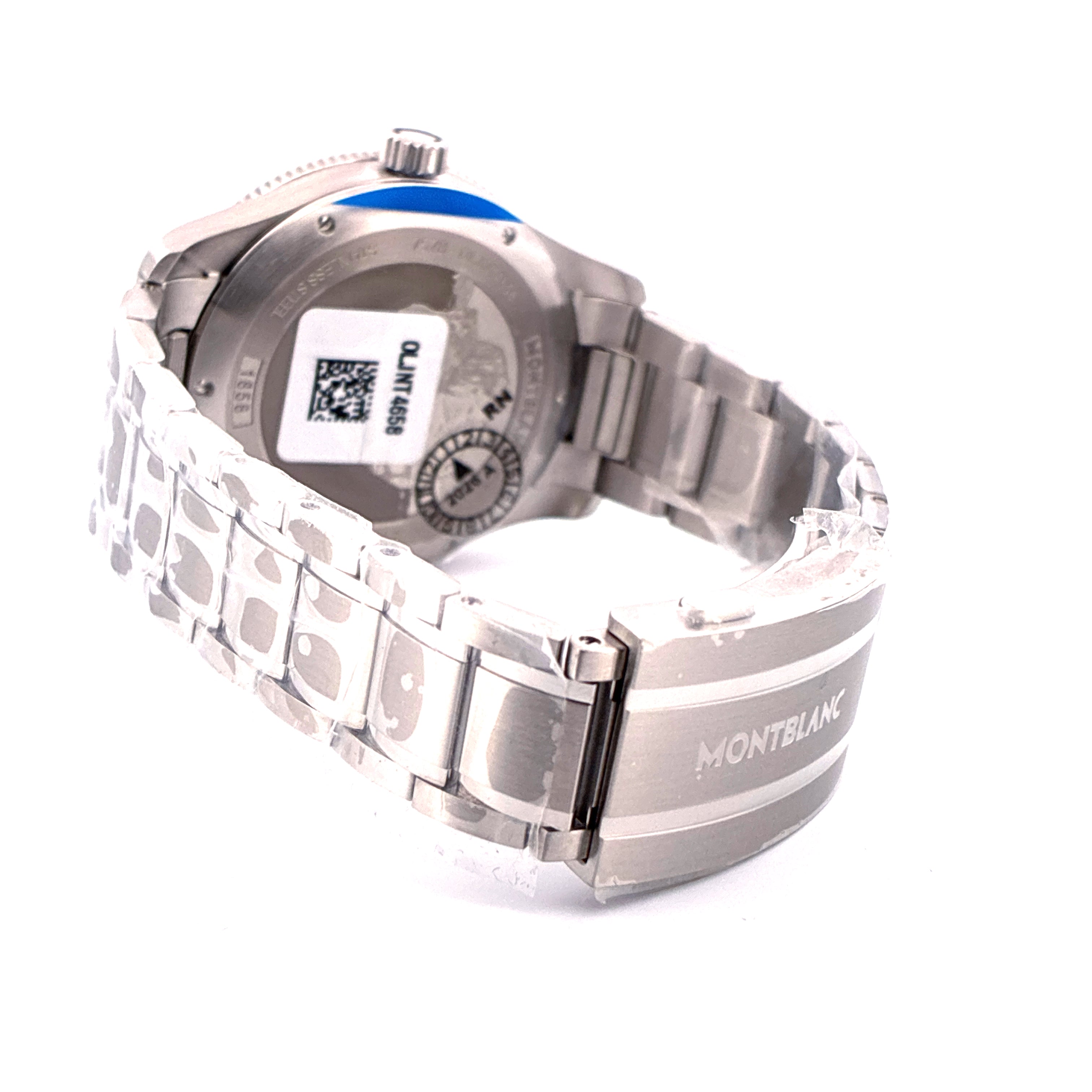 Montblanc 1858 Iced Sea Automatik Datum, Rückseite mit QR-Code und Stahlarmband