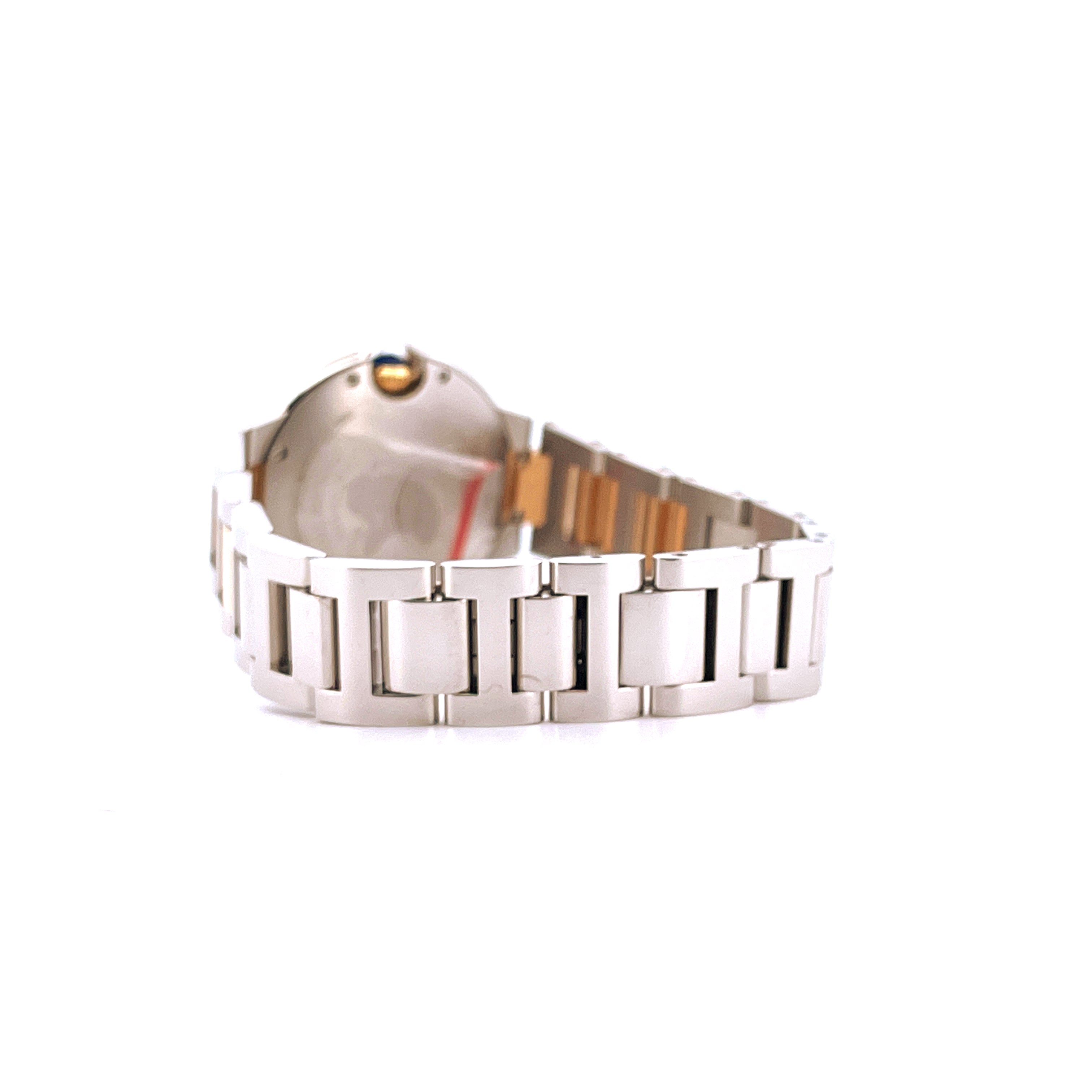 Cartier Ballon Bleu 33 mm Stahl-Gold Uhr Seitenansicht mit Metallsarmband