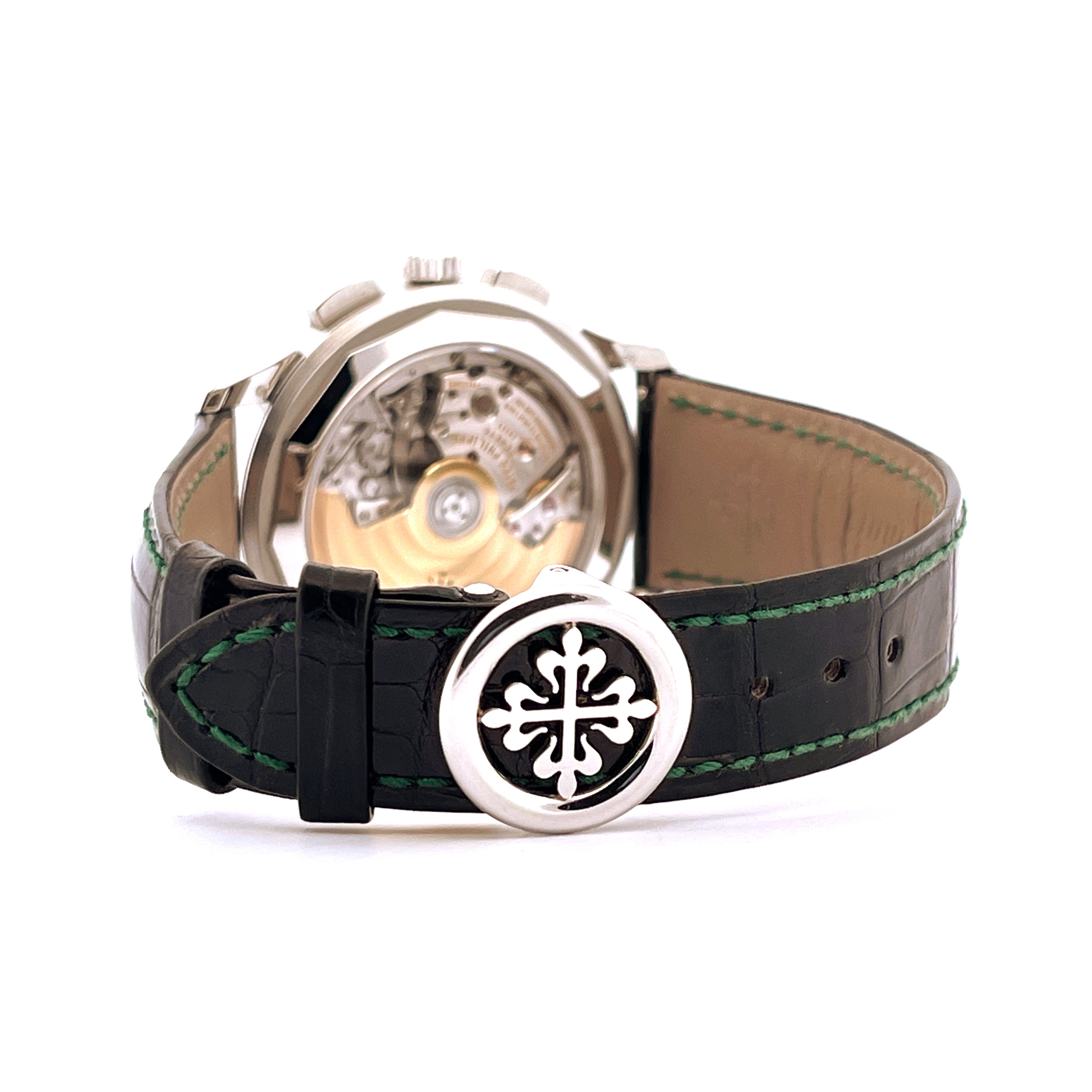 Patek Philippe World Time Flyback Chronograph 5930P-001 Rückseite mit Automatikwerk und Platingehäuse
