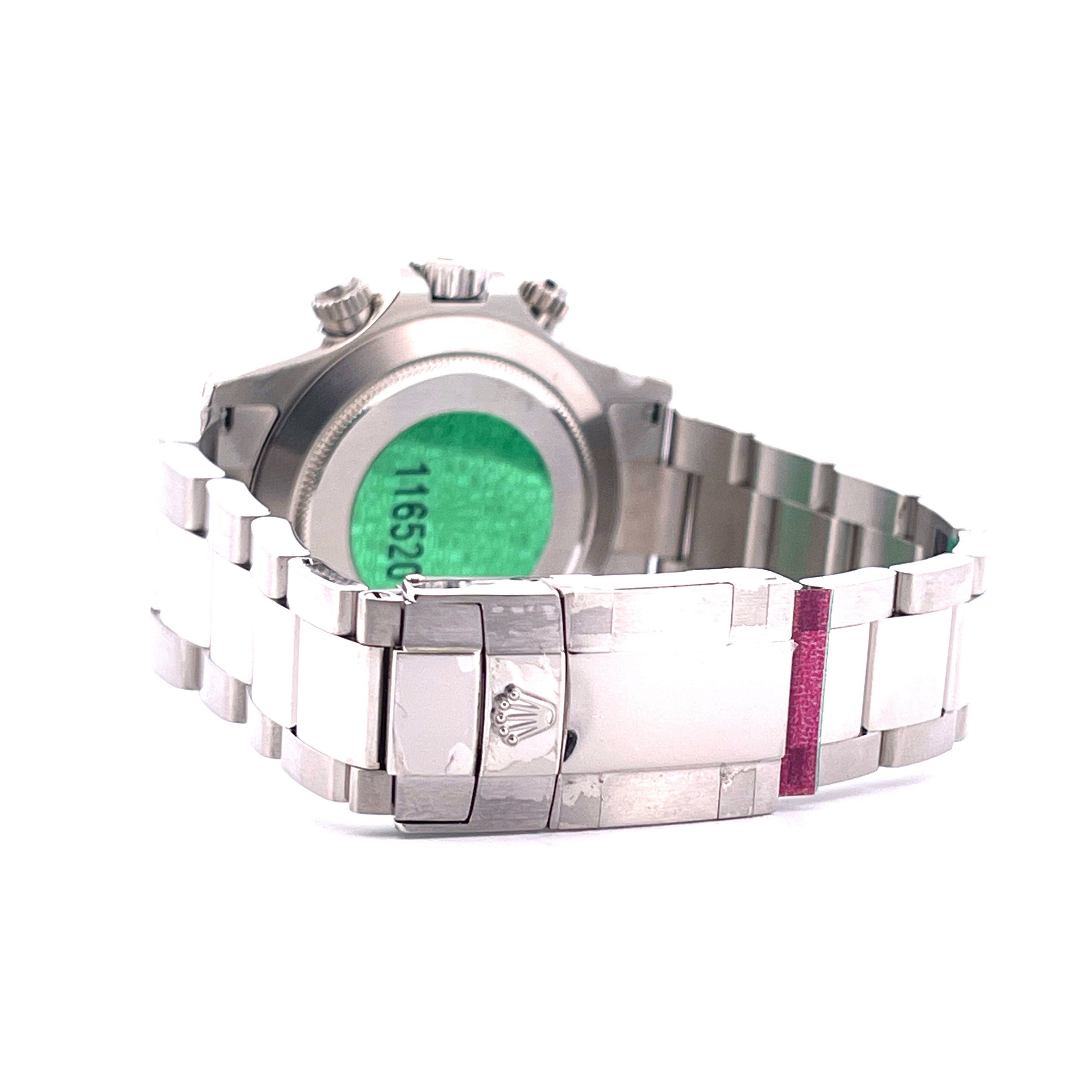 Rolex Daytona 116520 Edelstahl Uhr mit grüner Markierung auf dem Gehäuseboden und einem silbernen Armband mit rosa Streifen