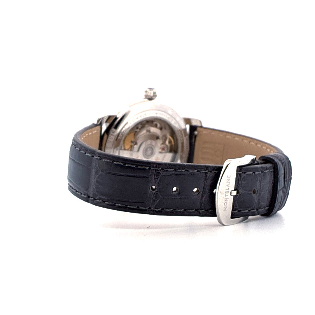 Montblanc Star Legacy Small Second Rückseite mit schwarzem Lederarmband und Metallschnalle