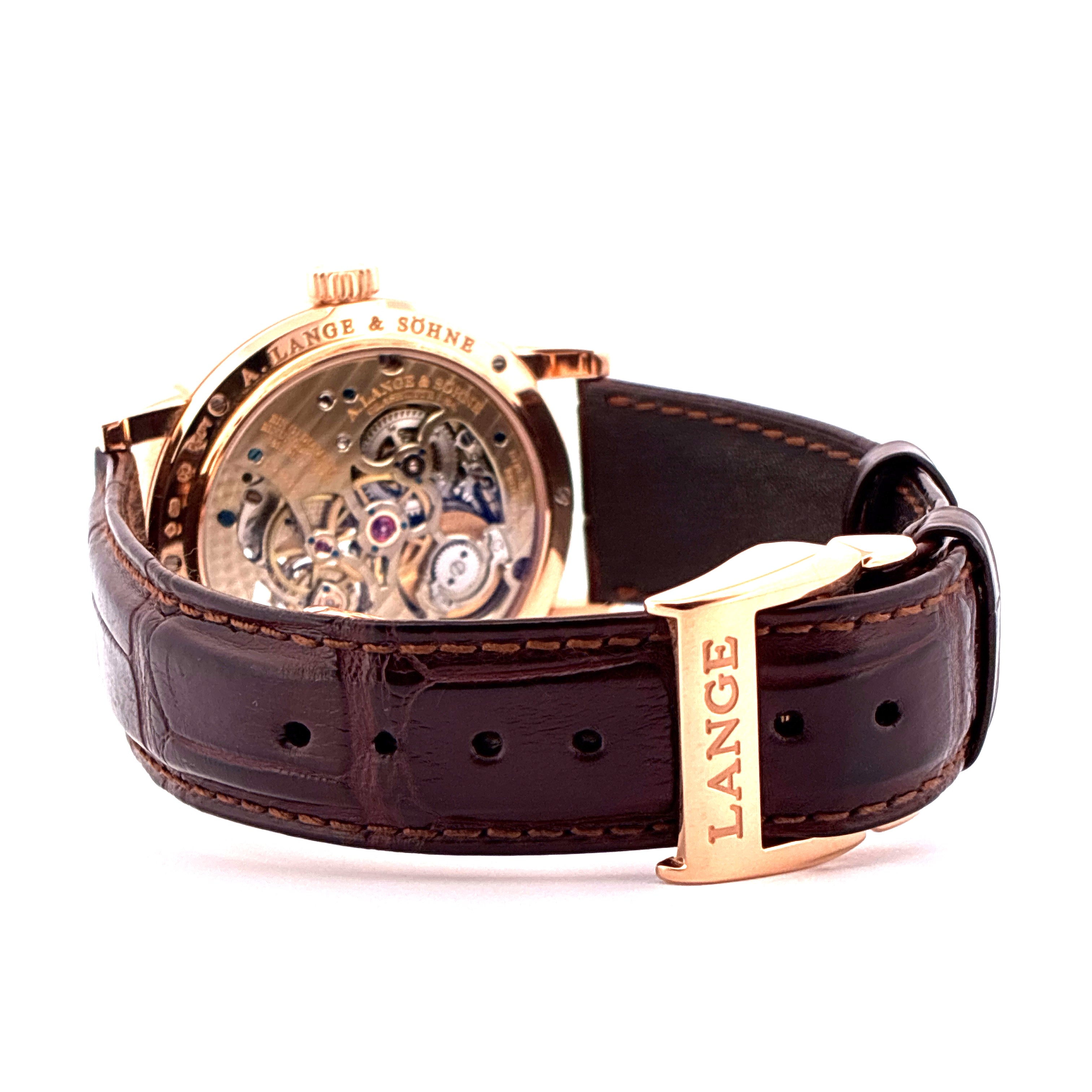A. Lange & Söhne Tourbillon Pour Le Merite Roségold Uhr mit offenem Uhrwerk und braunem Kroko-Armband mit Dornschließe