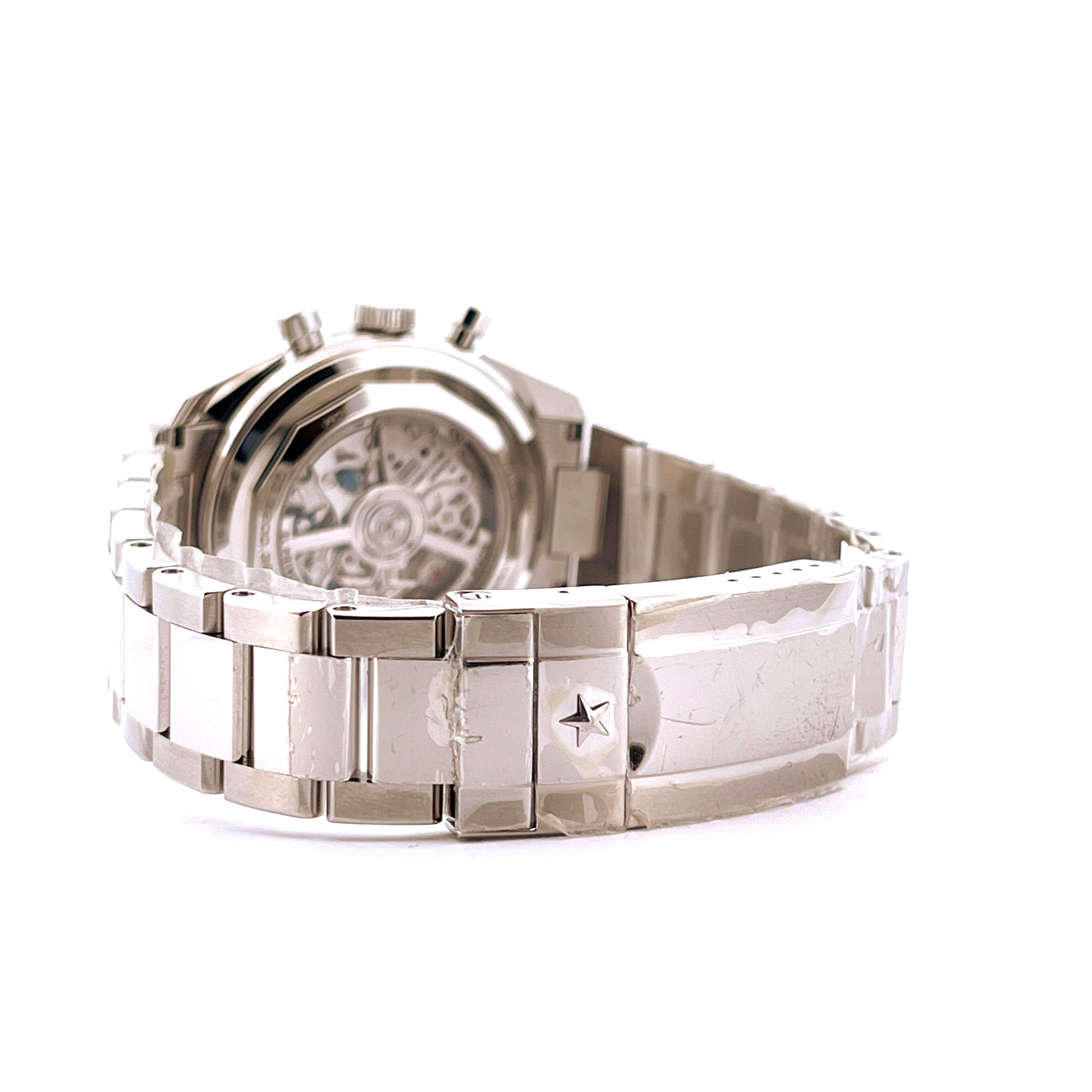 Seitenansicht einer Zenith Chronomaster Original 38mm Automatik-Uhr aus Edelstahl mit Sichtboden