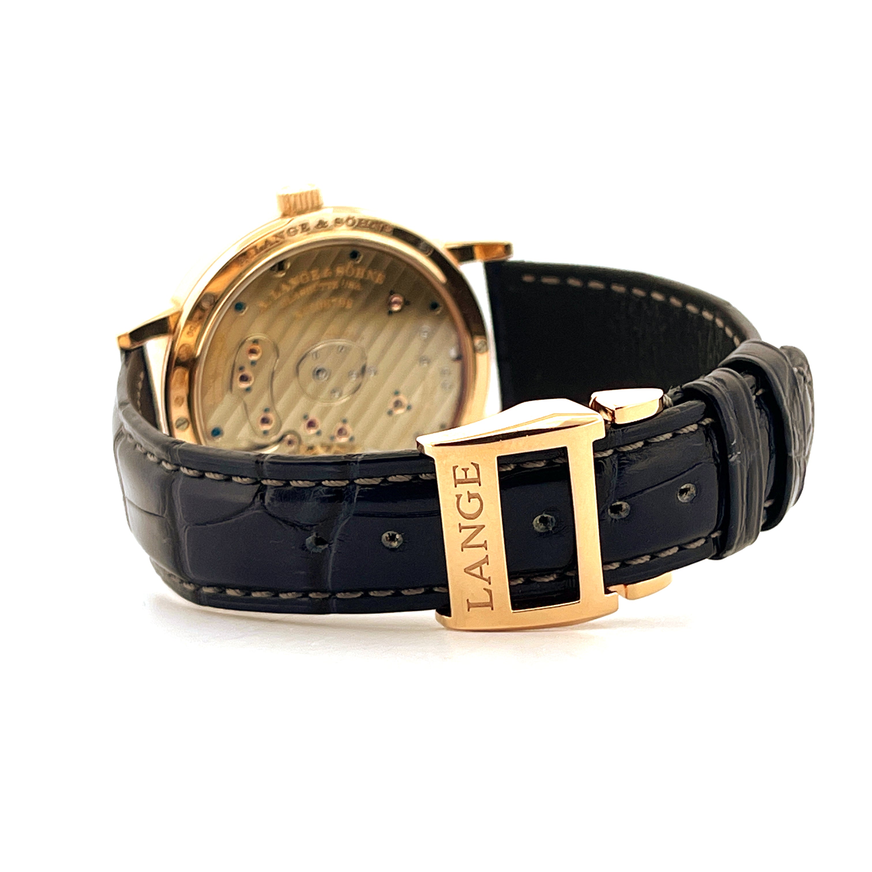A. Lange & Söhne Grand Lange 1 Roségold-Faltschließe mit schwarzem Lederarmband Rückseite und Schließe