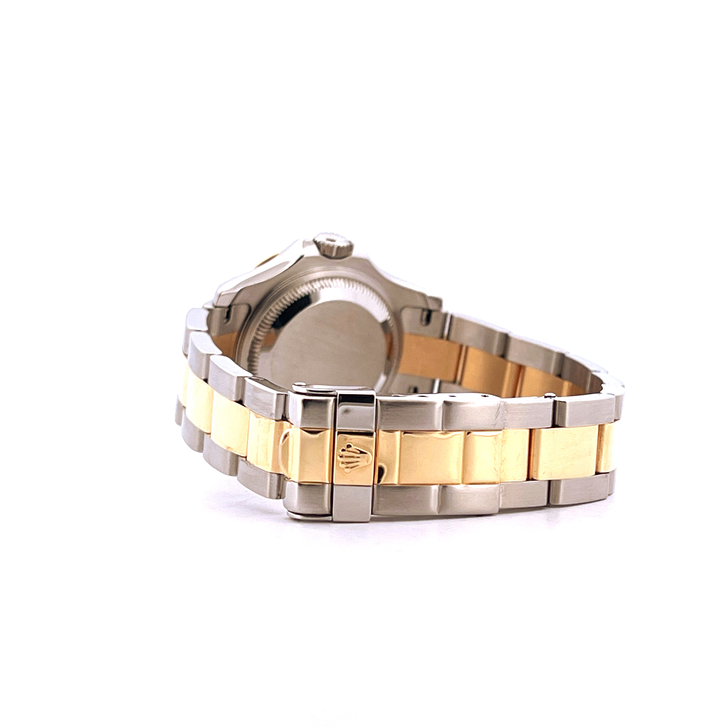 Seitenansicht einer Rolex Yacht-Master 29 mm Bicolor mit Edelstahl- und Goldarmband und Schließe