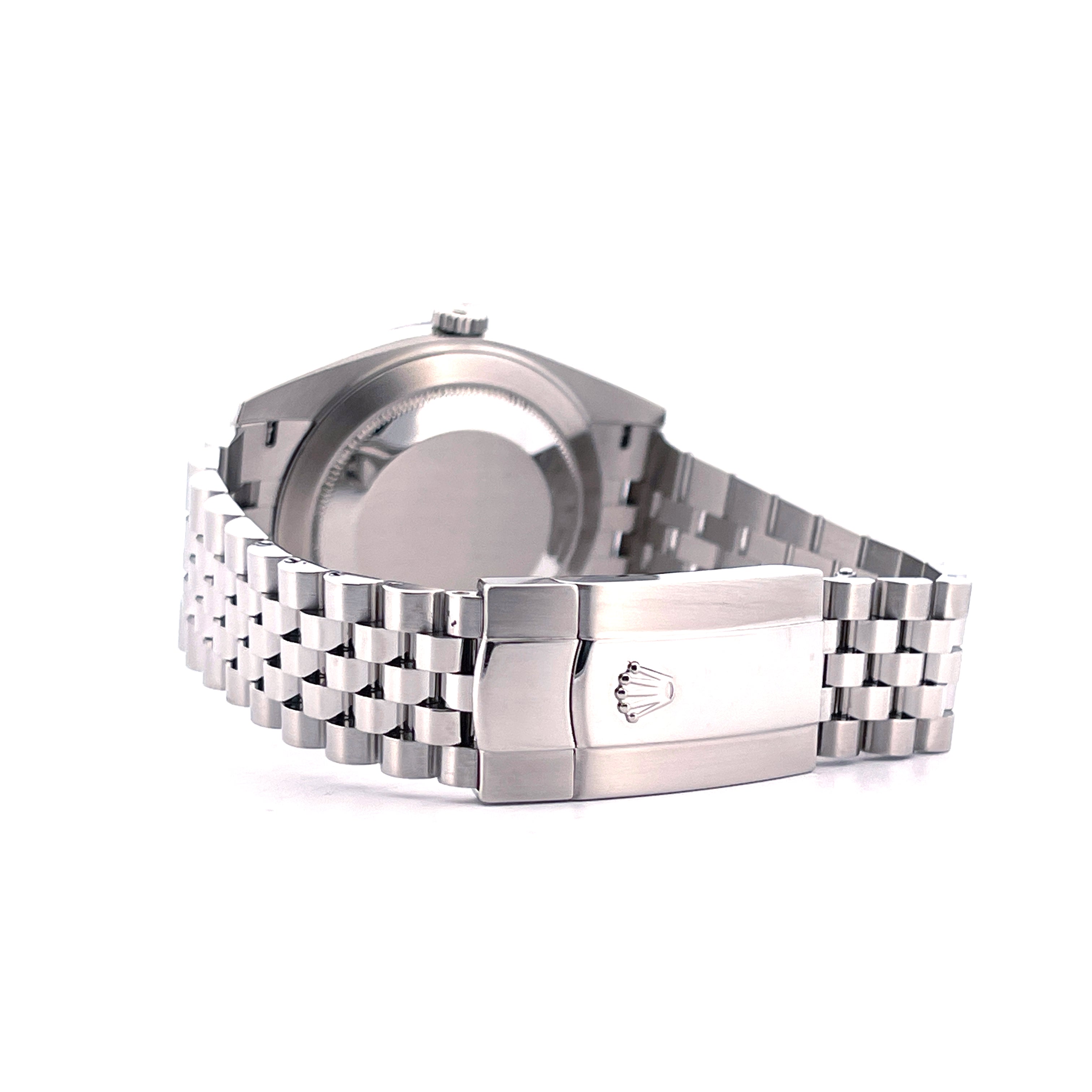 Rolex Datejust 41 Wimbledon Jubilee Seitenansicht einer Edelstahluhr mit Sicht auf die Schließe