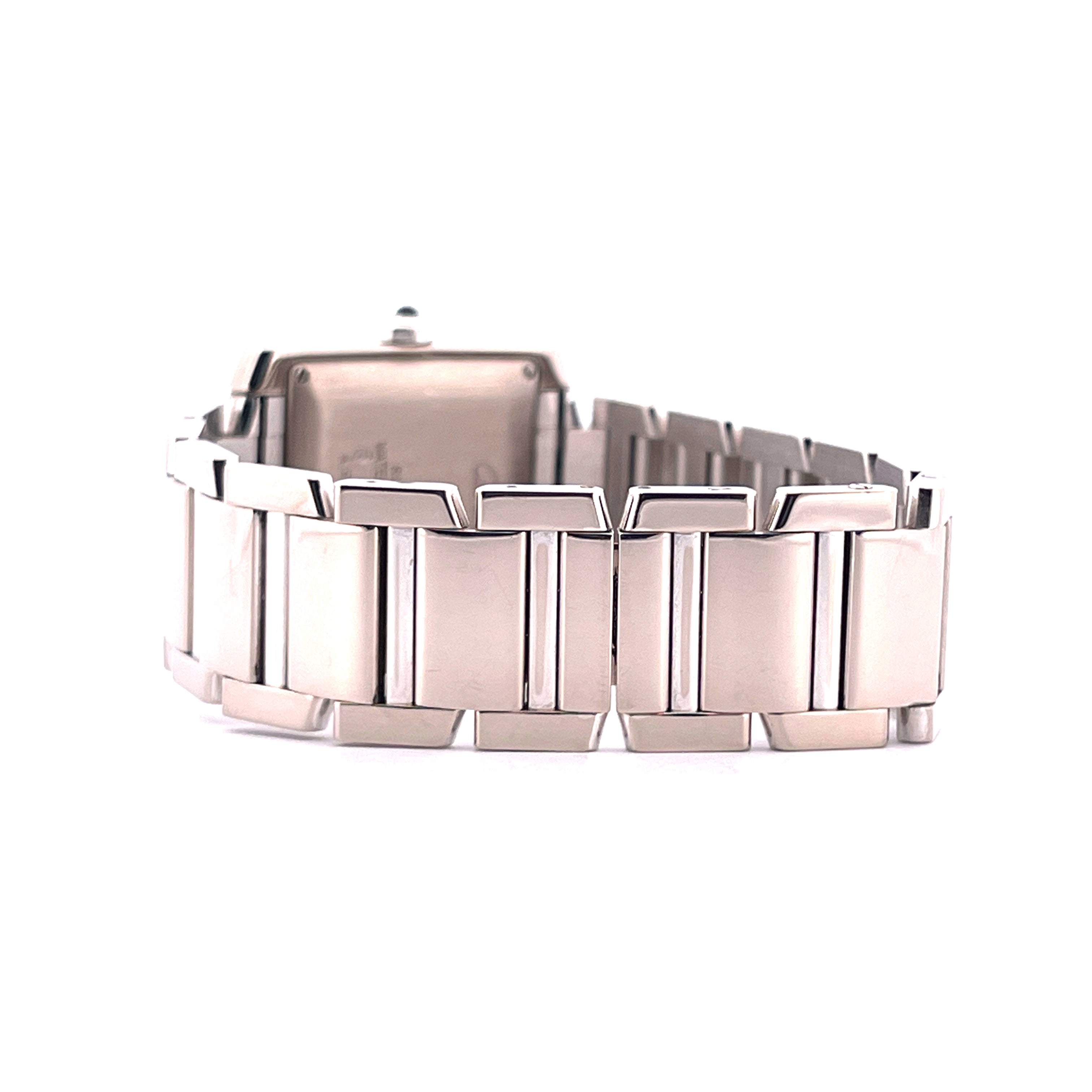 Cartier Tank Francaise Weißgold Automatik, Seitenansicht des silbernen Armbands und Gehäuses