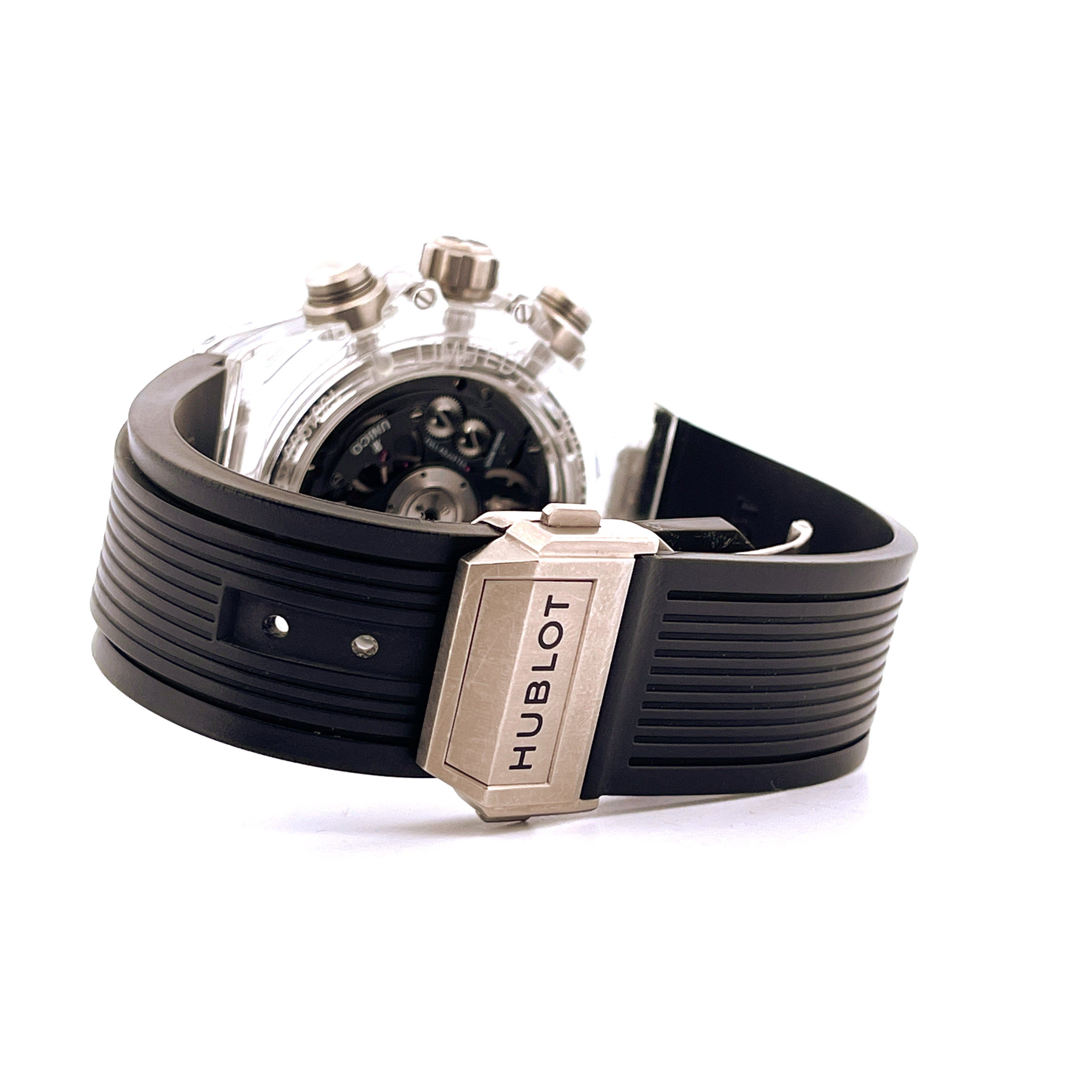 Hublot Big Bang Unico Magic Sapphire Lim. Edt. 500 Gehäuse Saphirglas mit schwarzem Kautschukband und Schließe